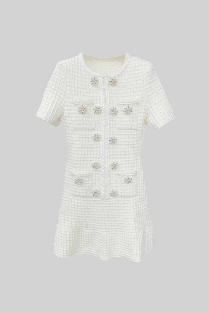 Short Sleeve Knee-Length Knitted Dress - White