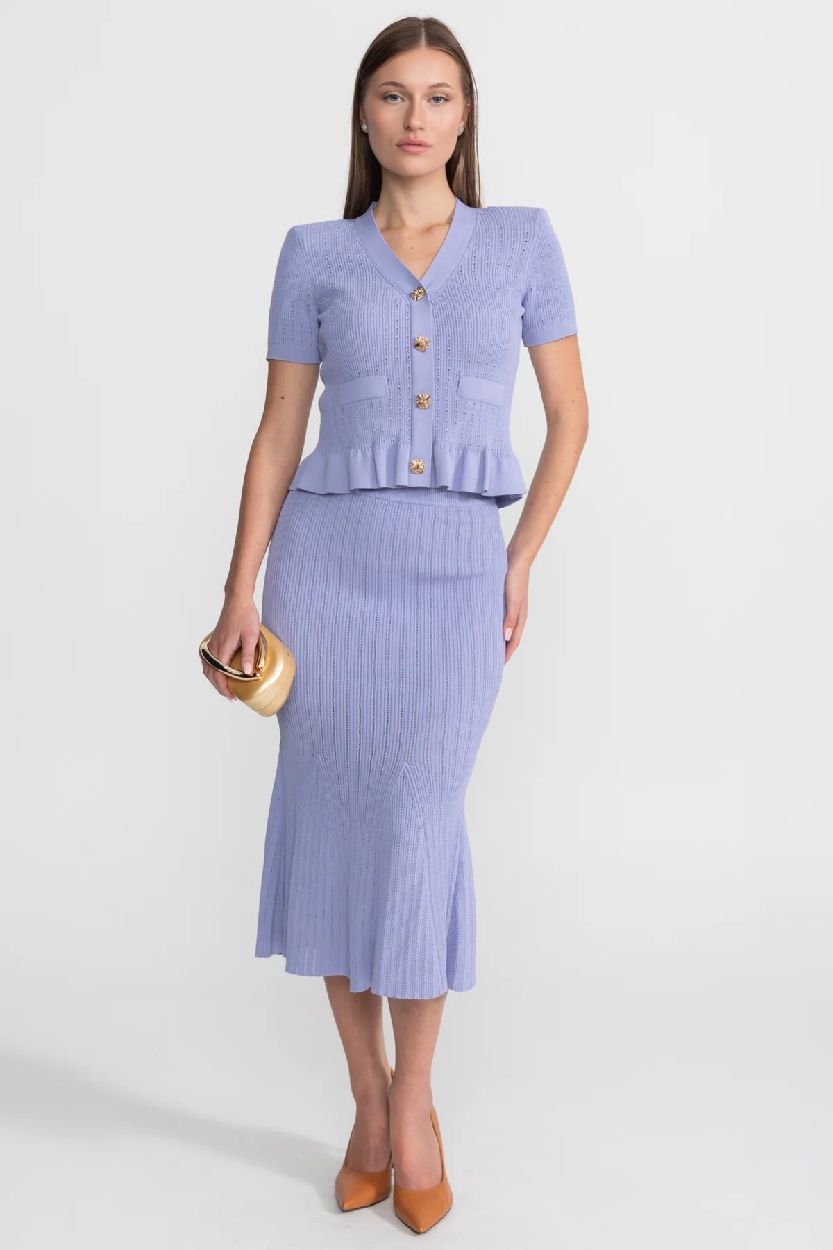 Knit Midi Dress with Peplum Waist and Gold Buttons  – Lilac