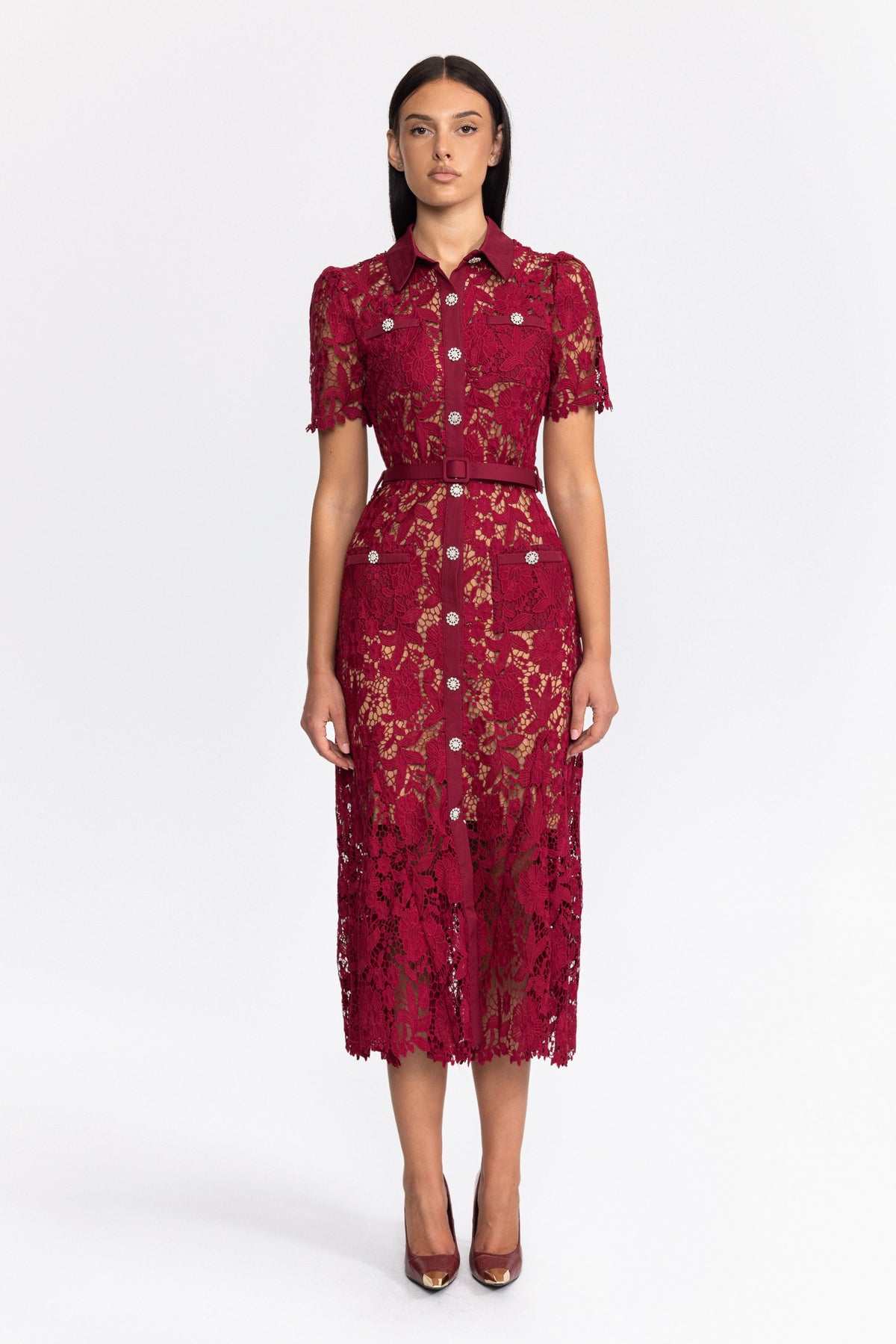 Guipure Lace Crystal Button Shirt Midi Dress - Wine