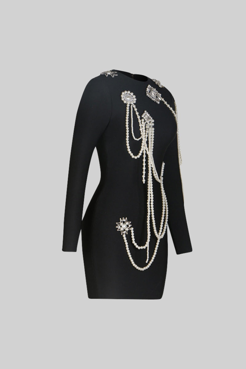 Long Sleeve Diamond Pearls Dress - Black