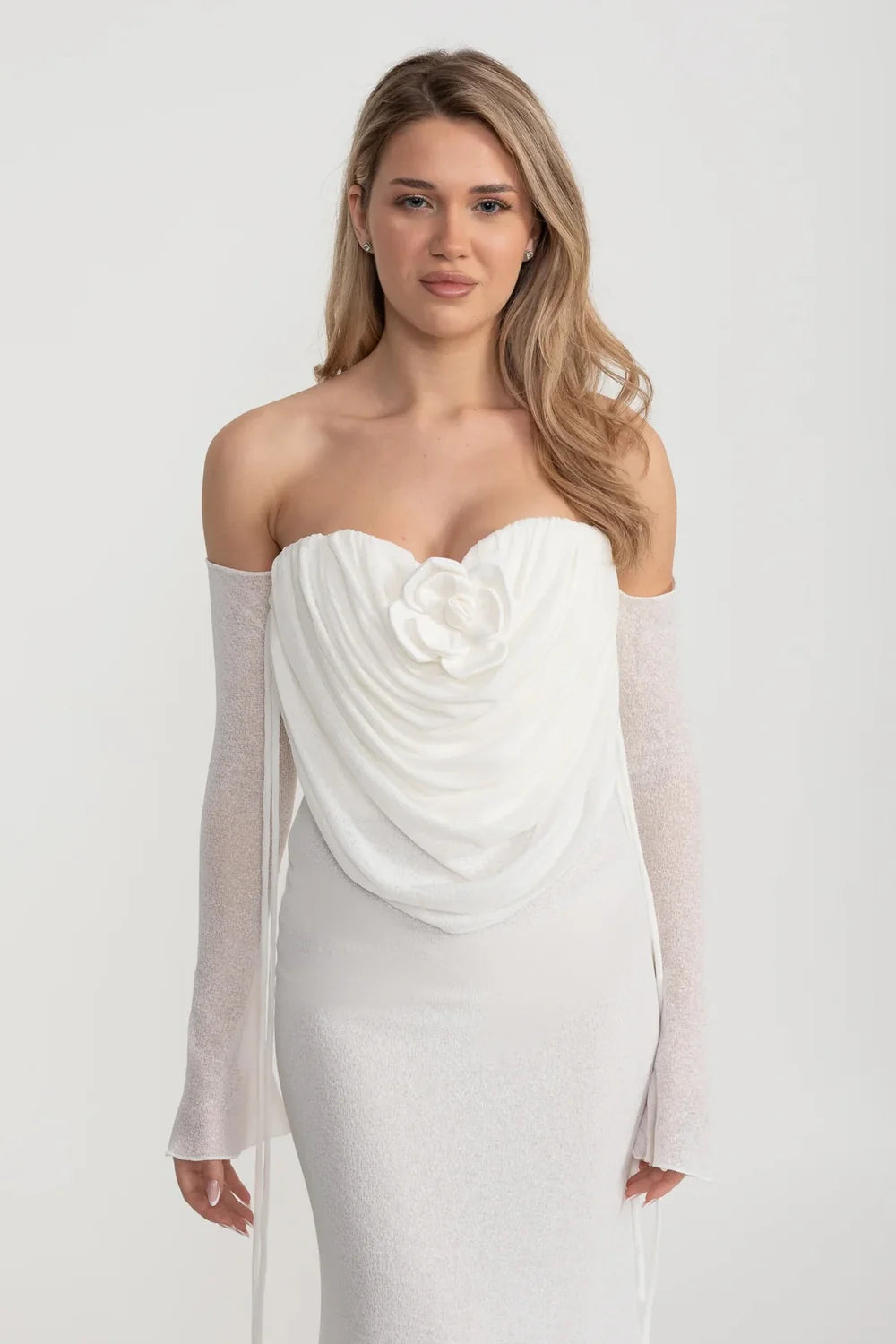 Elegant Flowing Dress With Long Sleeves, Top Draping And Central Rose Adornment - White