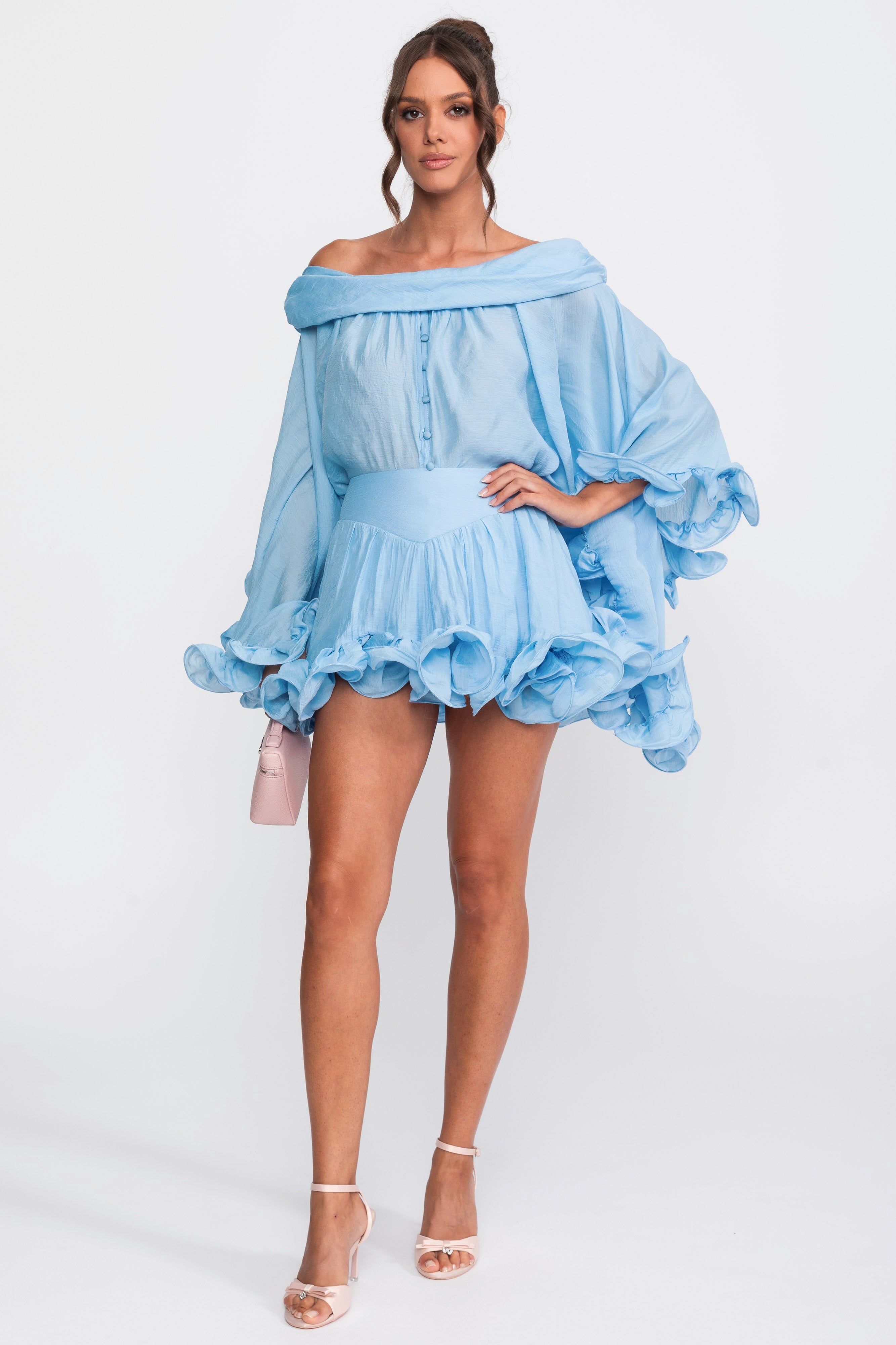 Off-Shoulder Ruffle Hem Co-Ord With Long Sleeves Shirt and Mini Skort - Light Blue