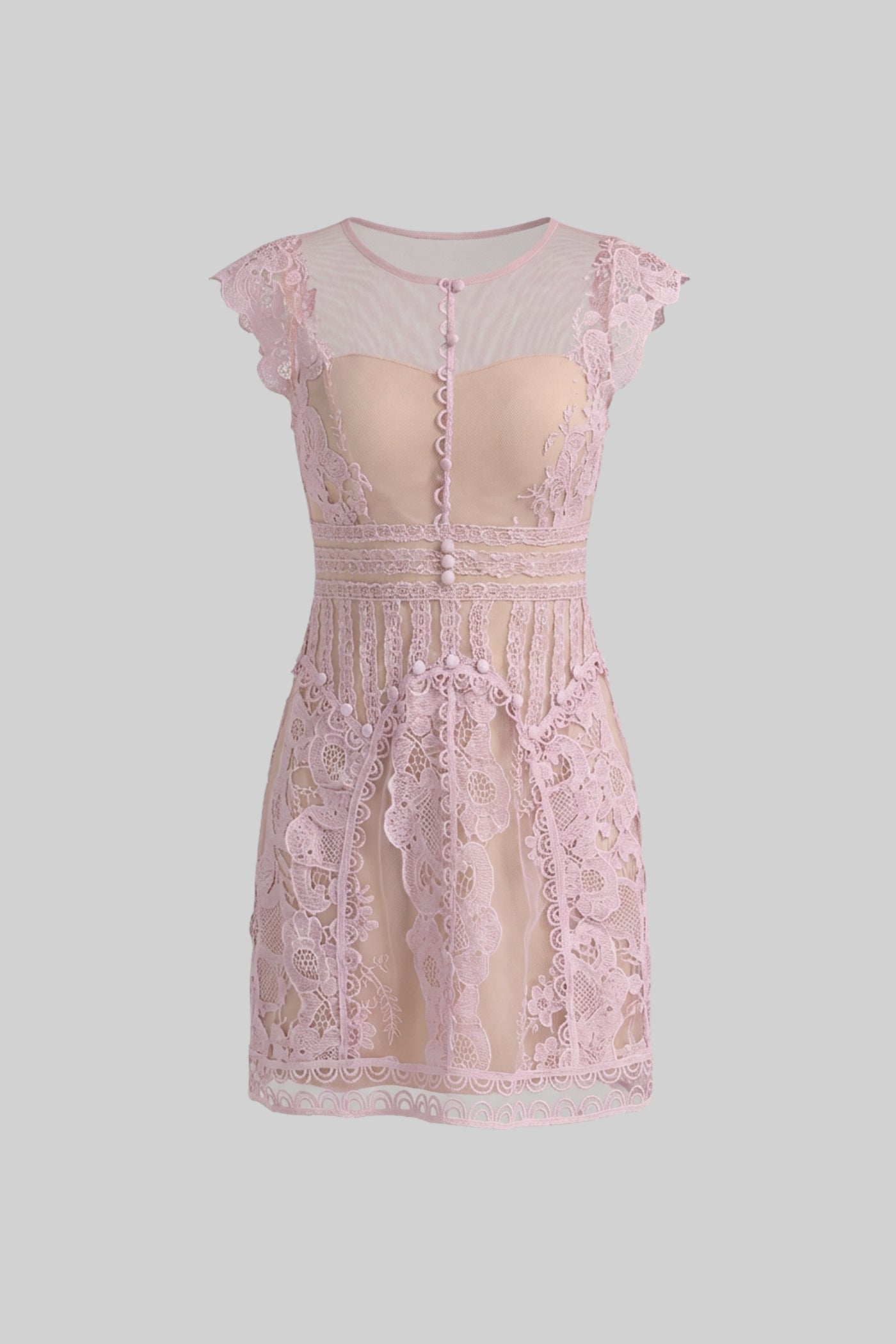 Cap Sleeve Mini Dress With Sheer Yoke And Pearl Button Detail - Lilac