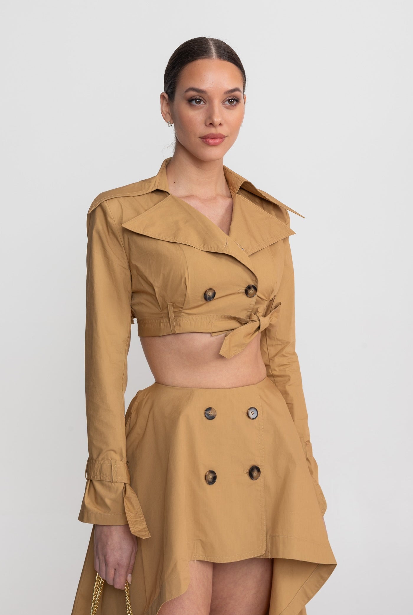 Cropped Trench Co-Ord Set With Asymmetric High-Low Skirt - Camel
