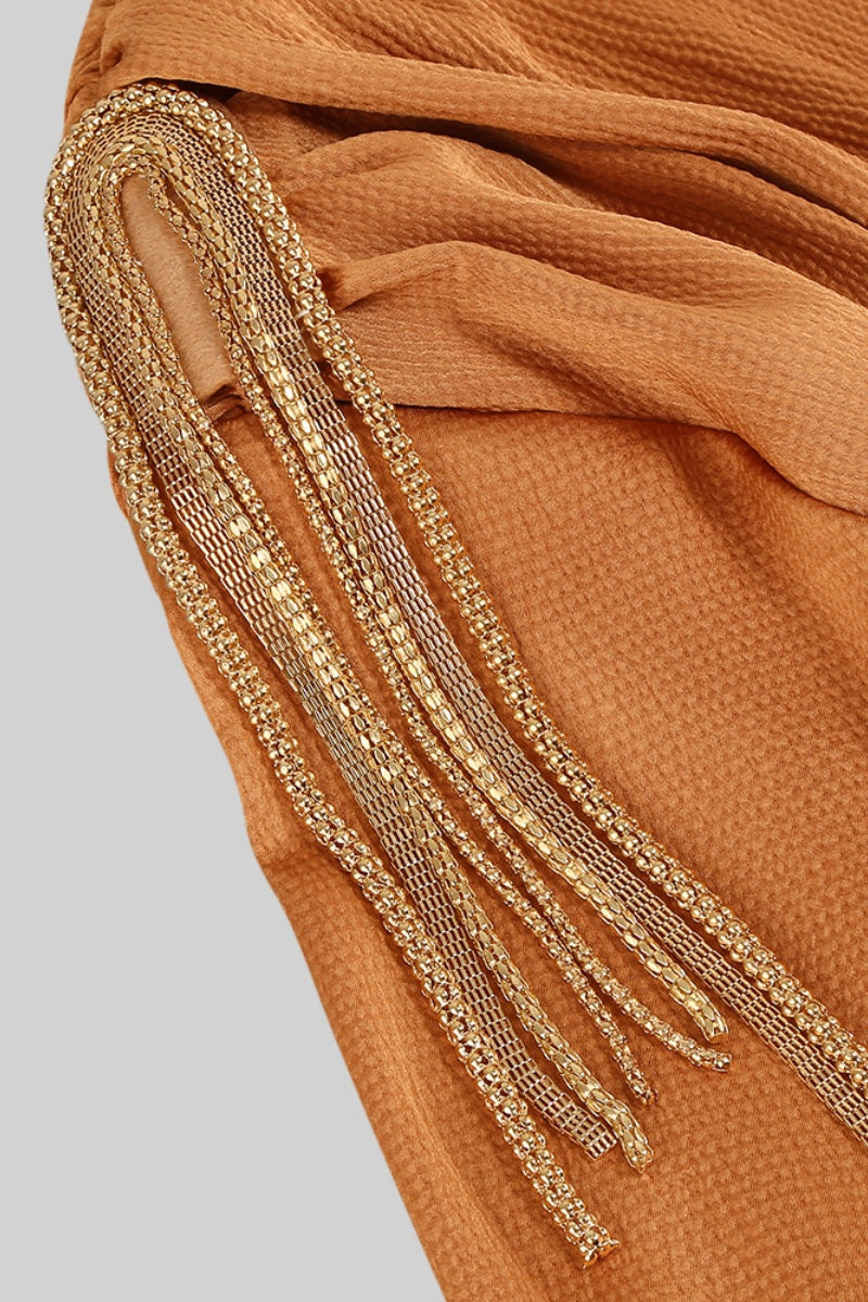 V-neck Maxi Dress with Golden Details - Caramel