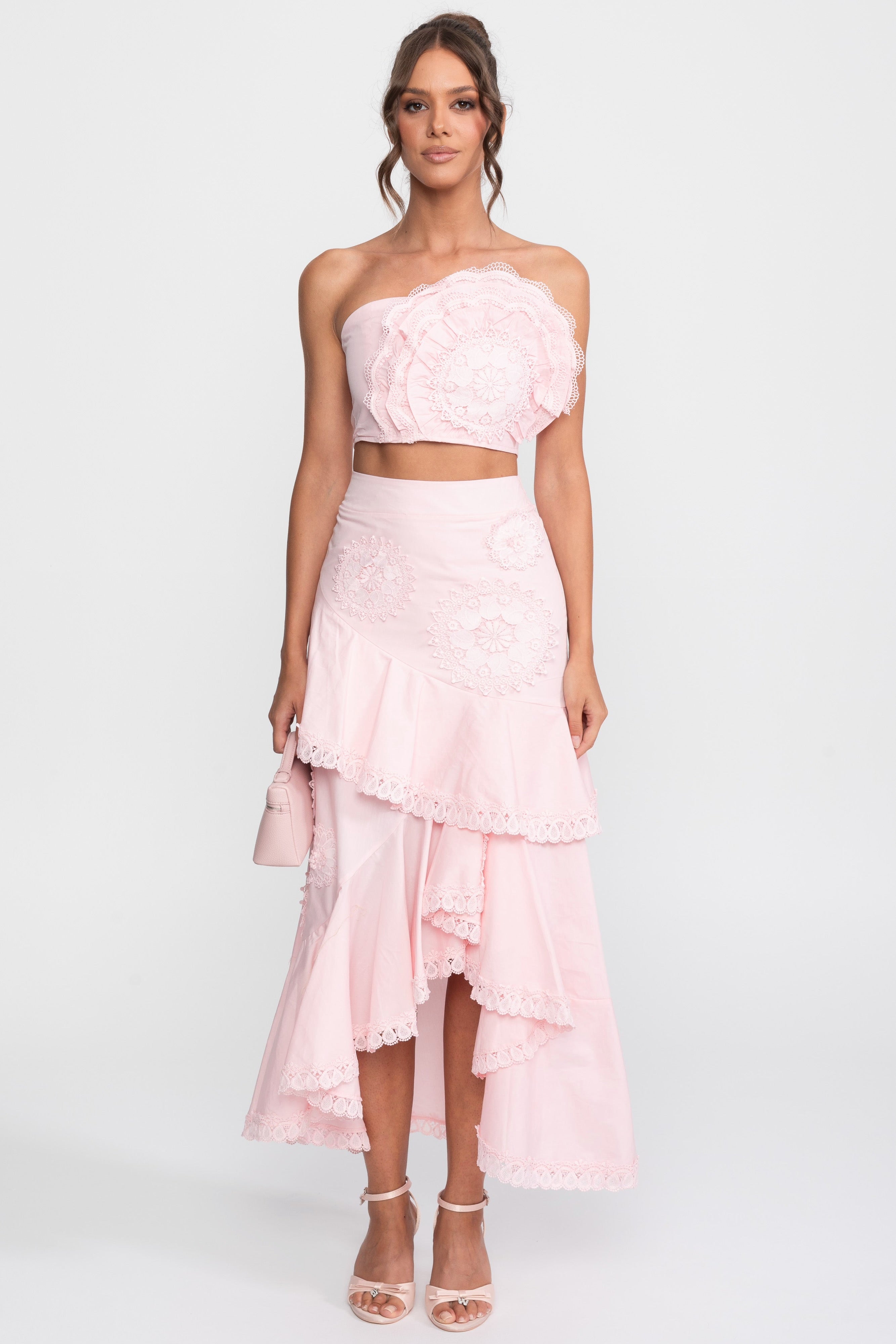 Crochet Medallion Two-Piece Set With Ruffled Maxi Skirt - Pink
