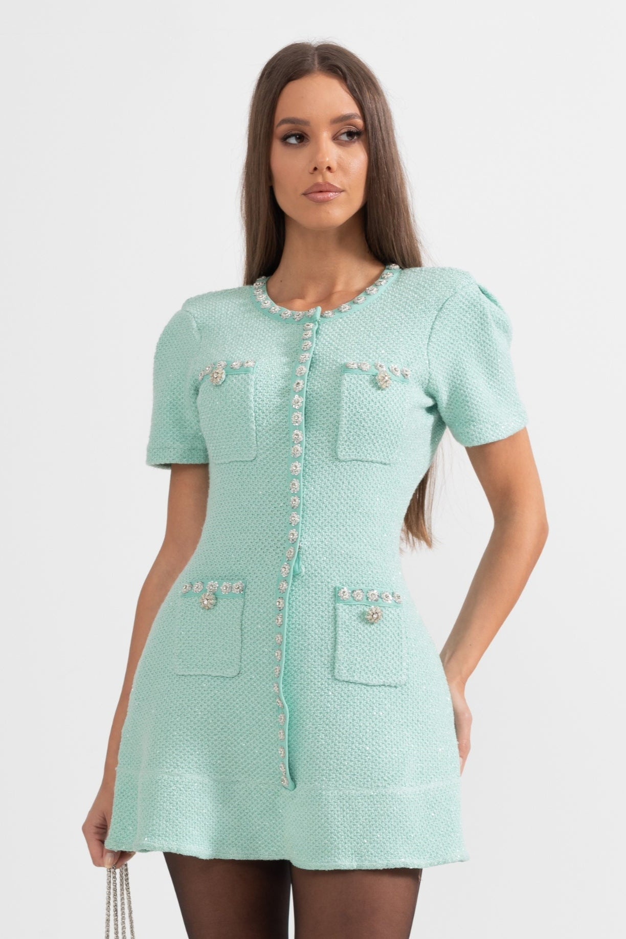 Short Sleeve Diamond Mini Dress - Mint Green