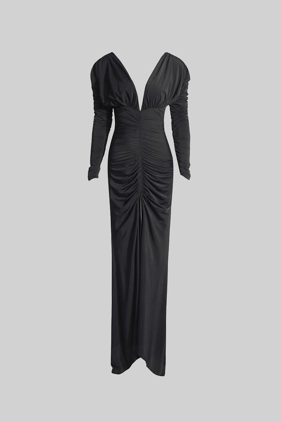 Elegant Ruched Dress With Deep Neckline - Black