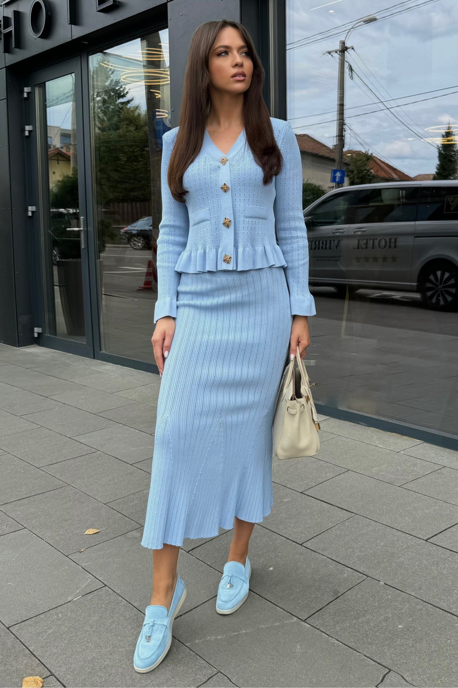 Ruffled Jacket & Flared Skirt Knit Matching Set - Baby Blue