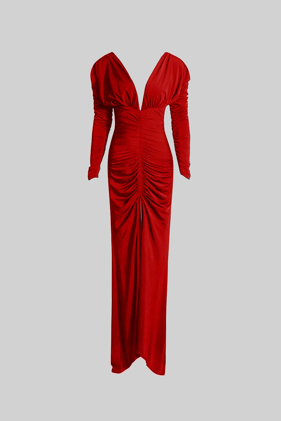 Elegant Ruched Dress With Deep Neckline - Red