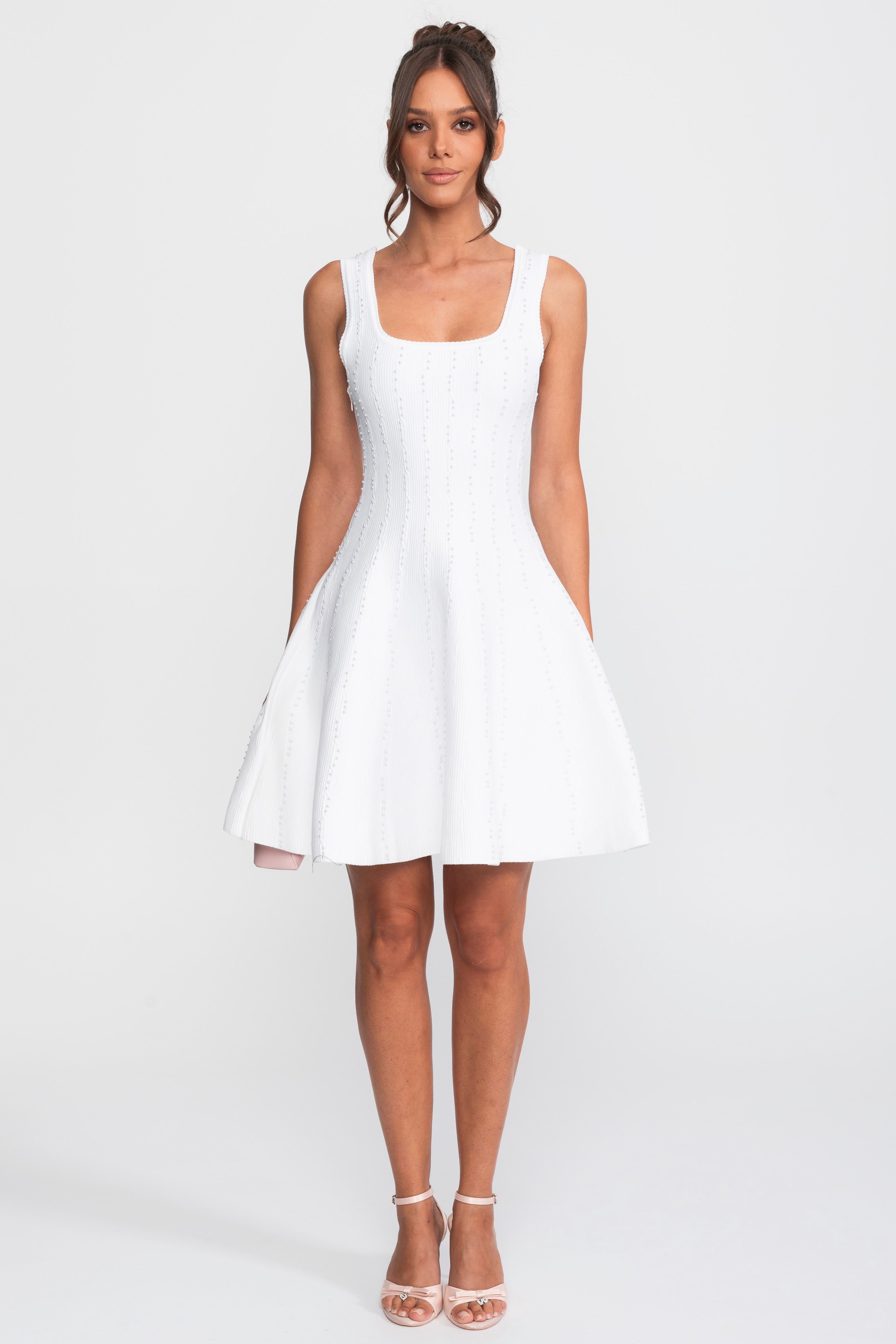 Pearl Beaded Ribbed Mini Dress With Square Neck - White