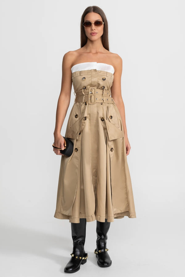 Strapless Trench Midi Dress With Belted Waist – Beige