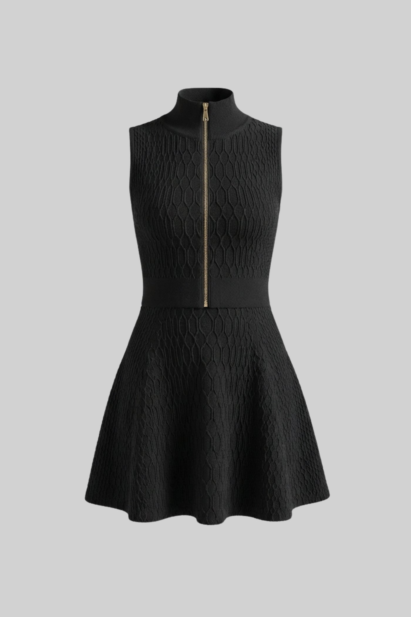 Textured Co-Ord Set With Sleeveless High Neck Top And Matching Mini Skirt - Black