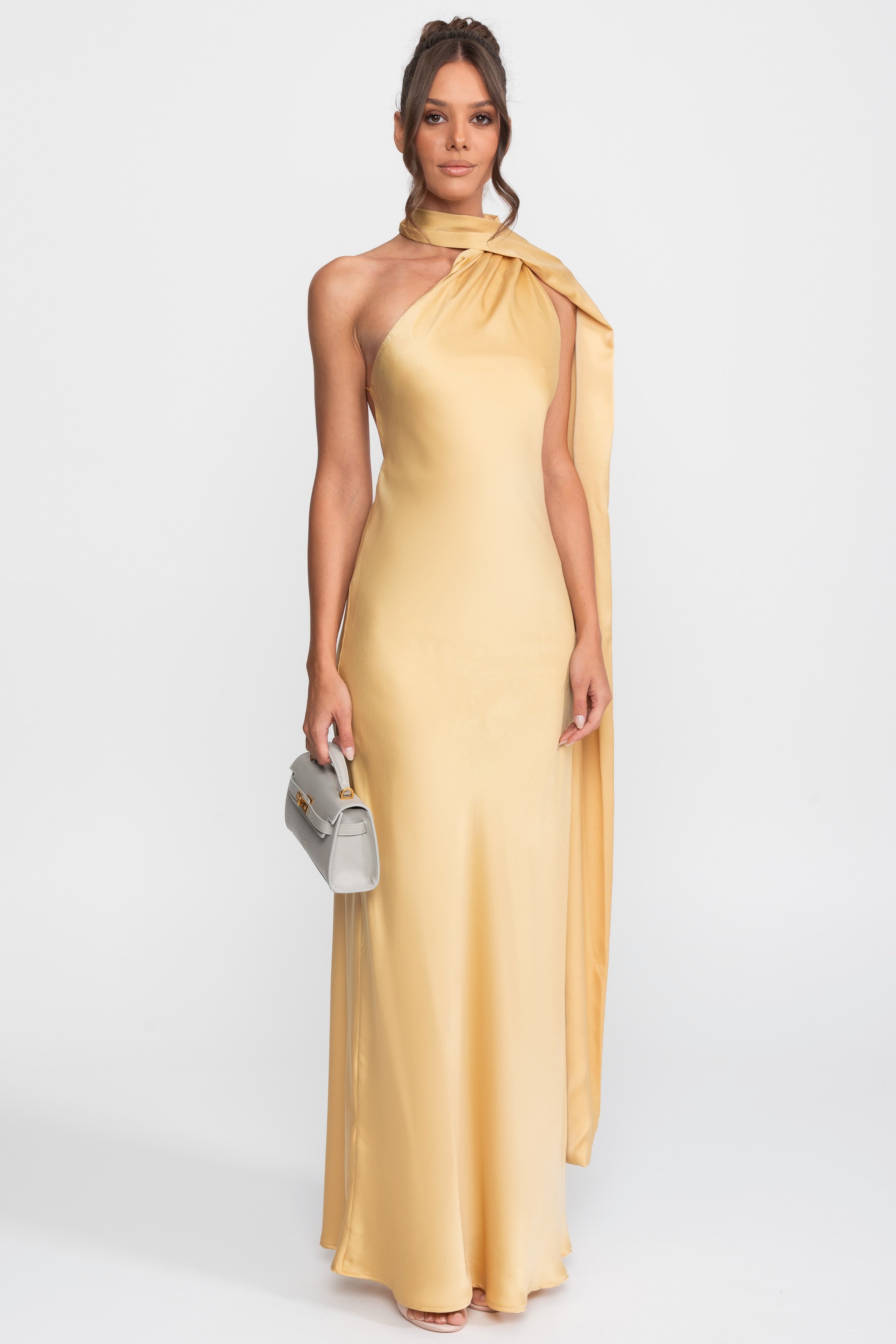 Twist Halter Satin Slip Dress With Asymmetric Neckline - Yellow