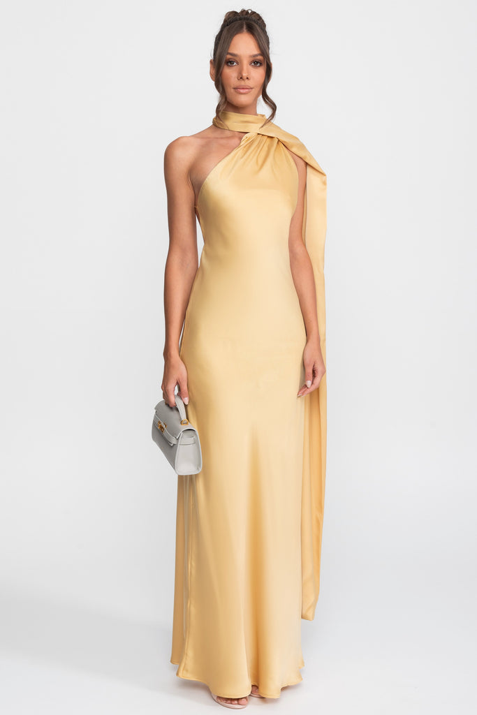 Twist Halter Satin Slip Dress With Asymmetric Neckline - Yellow