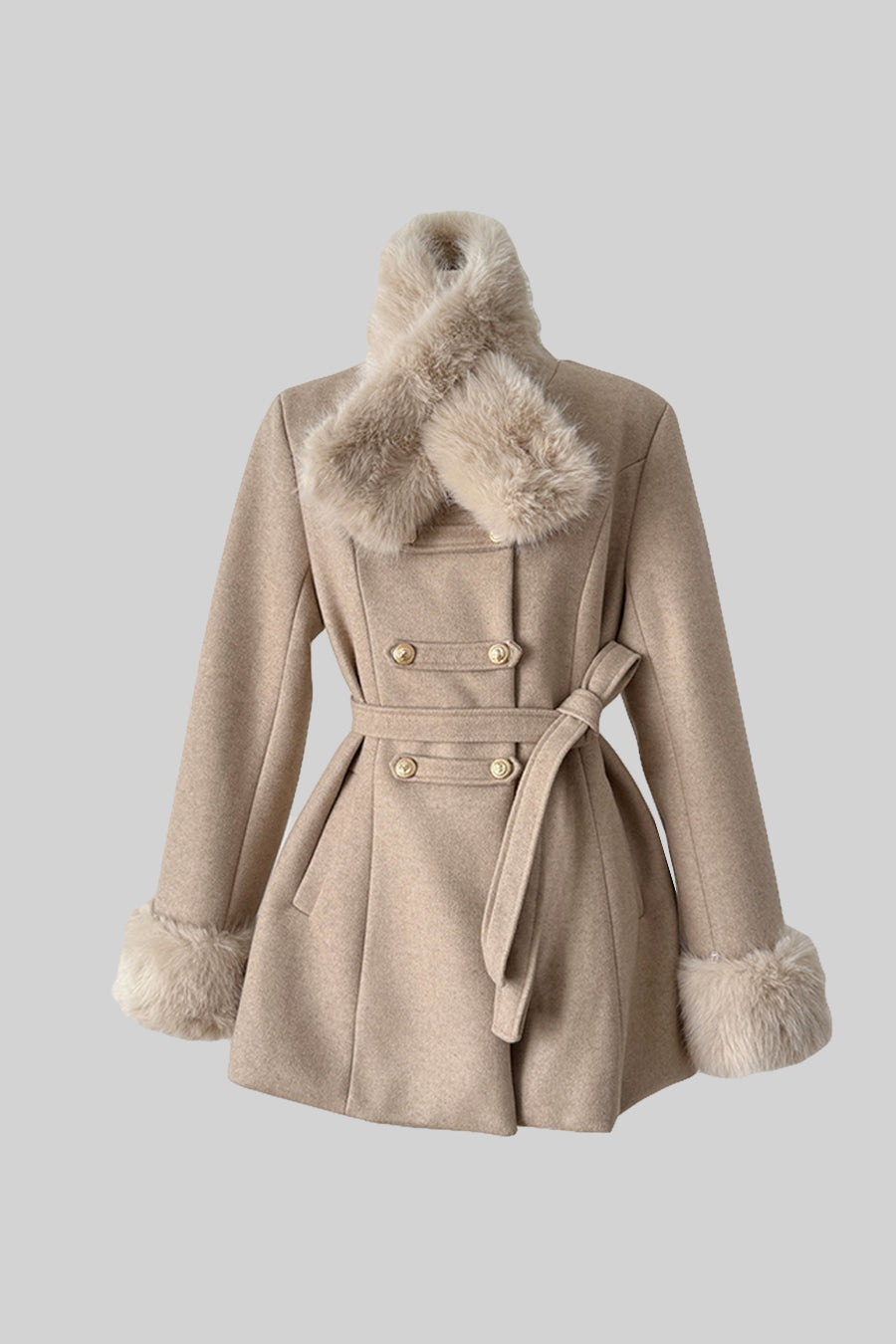 Double-Breasted Trench Coat With Detachable Cape - Beige