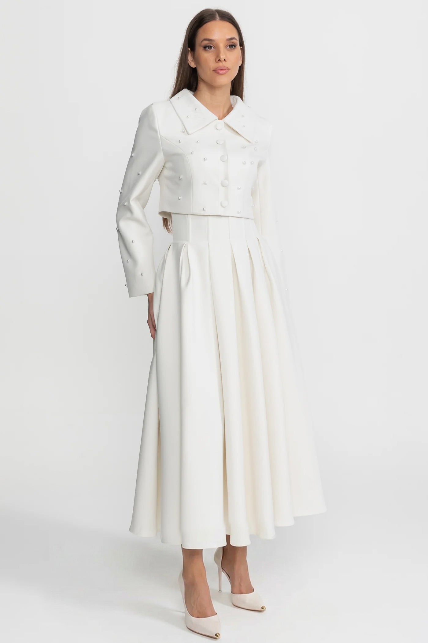 Pearl-Embellished Co-Ord Set with Cropped Jacket and Full Skirt – White