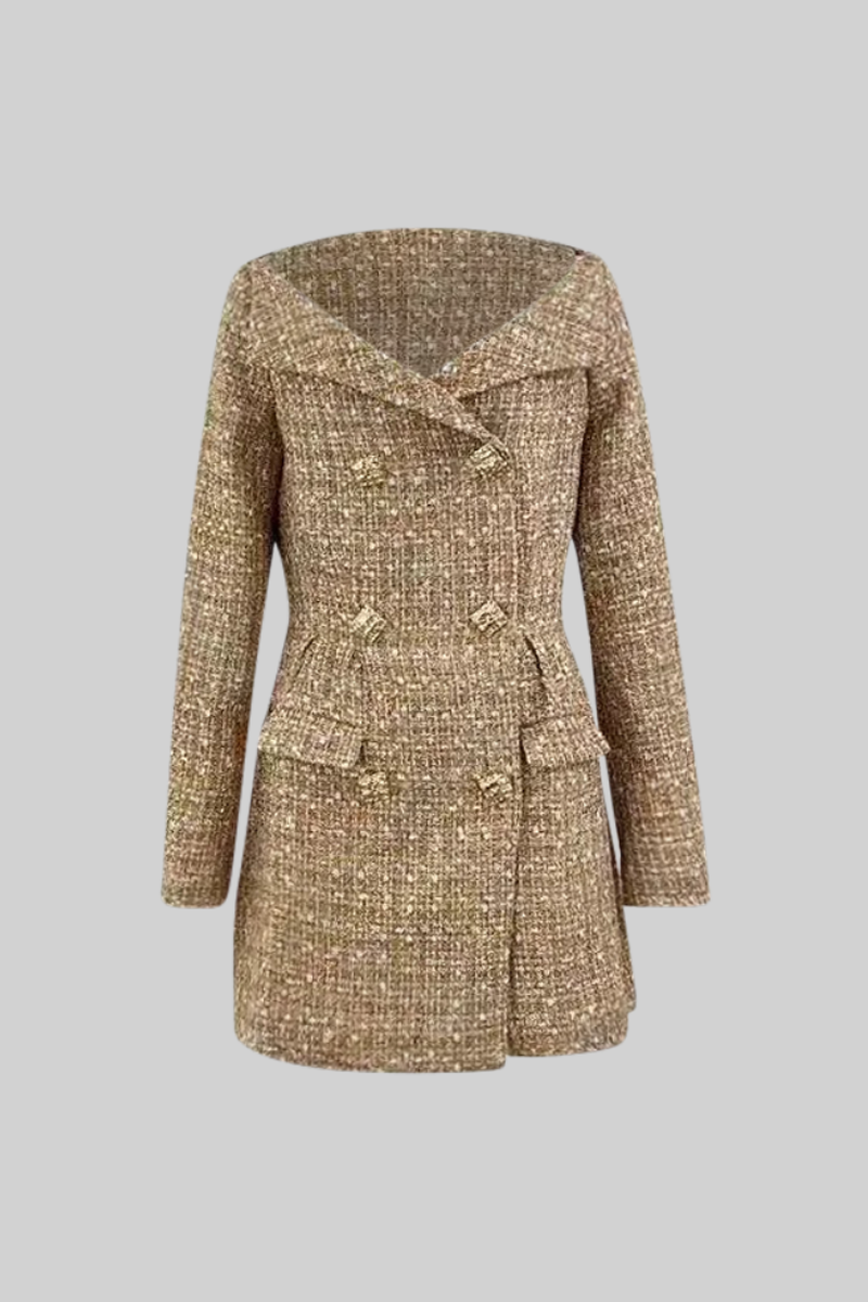 Tweed Dress with Massive Gold Buttons - Beige
