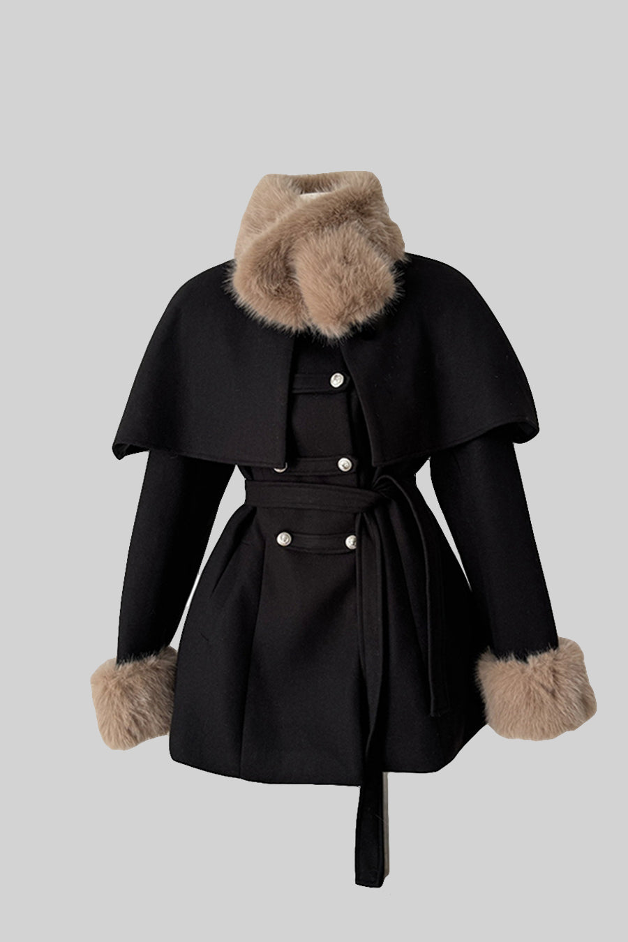 Double-Breasted Trench Coat With Detachable Cape - Black