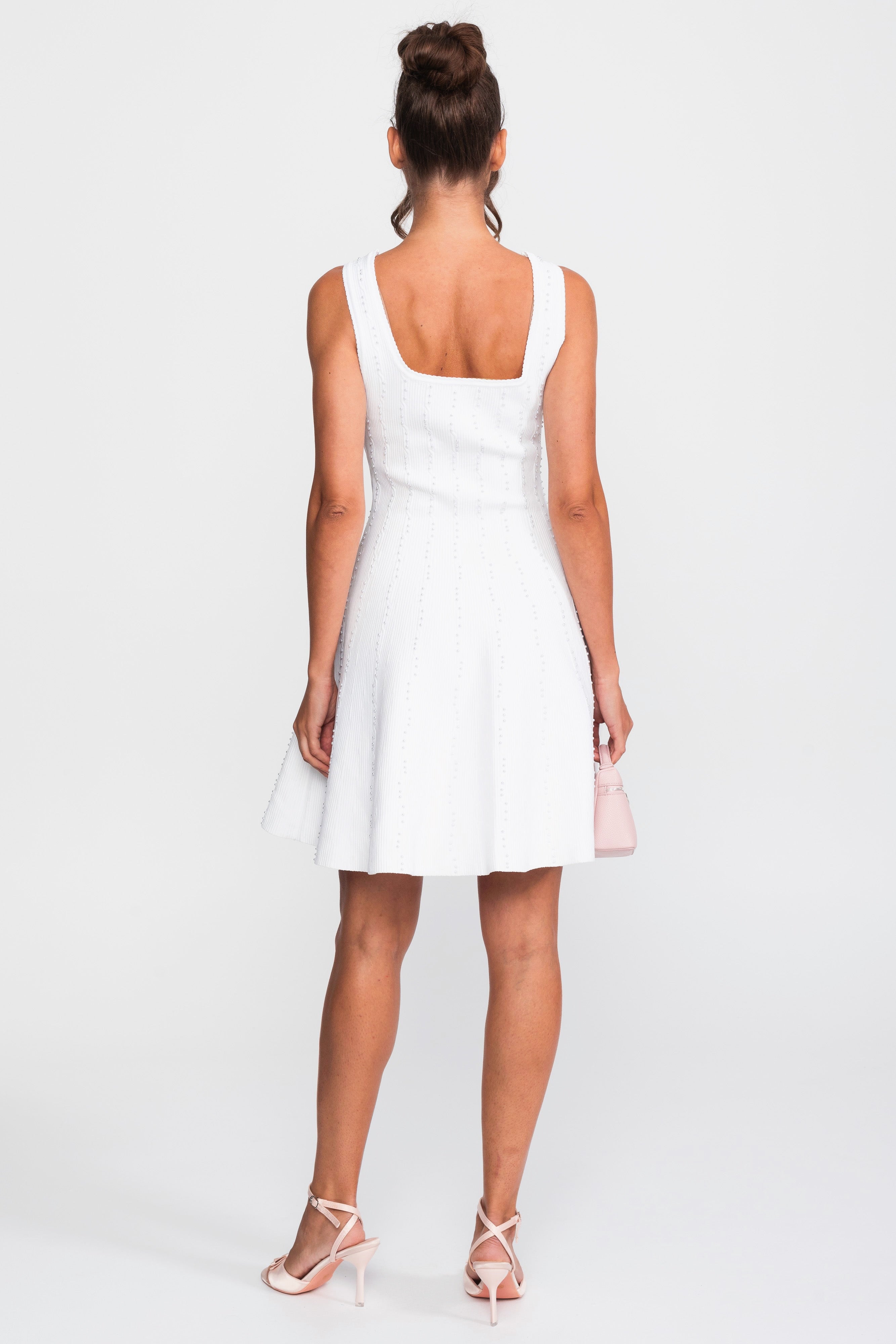 Pearl Beaded Ribbed Mini Dress With Square Neck - White