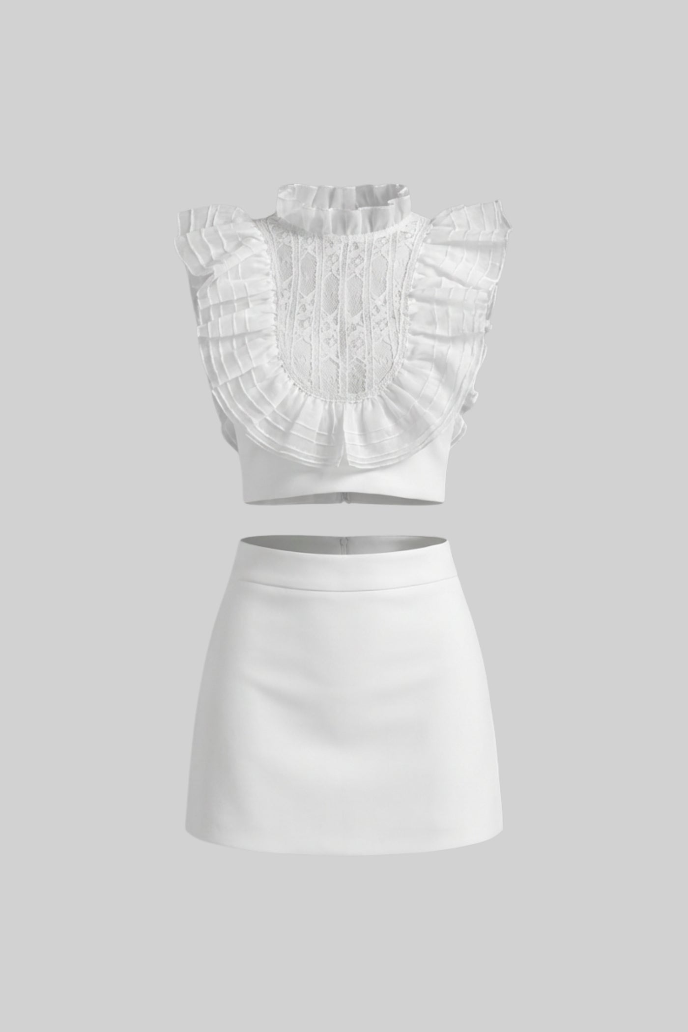 Sleeveless Co-Ord Set With Pleated Ruffle Bib Detail  - White