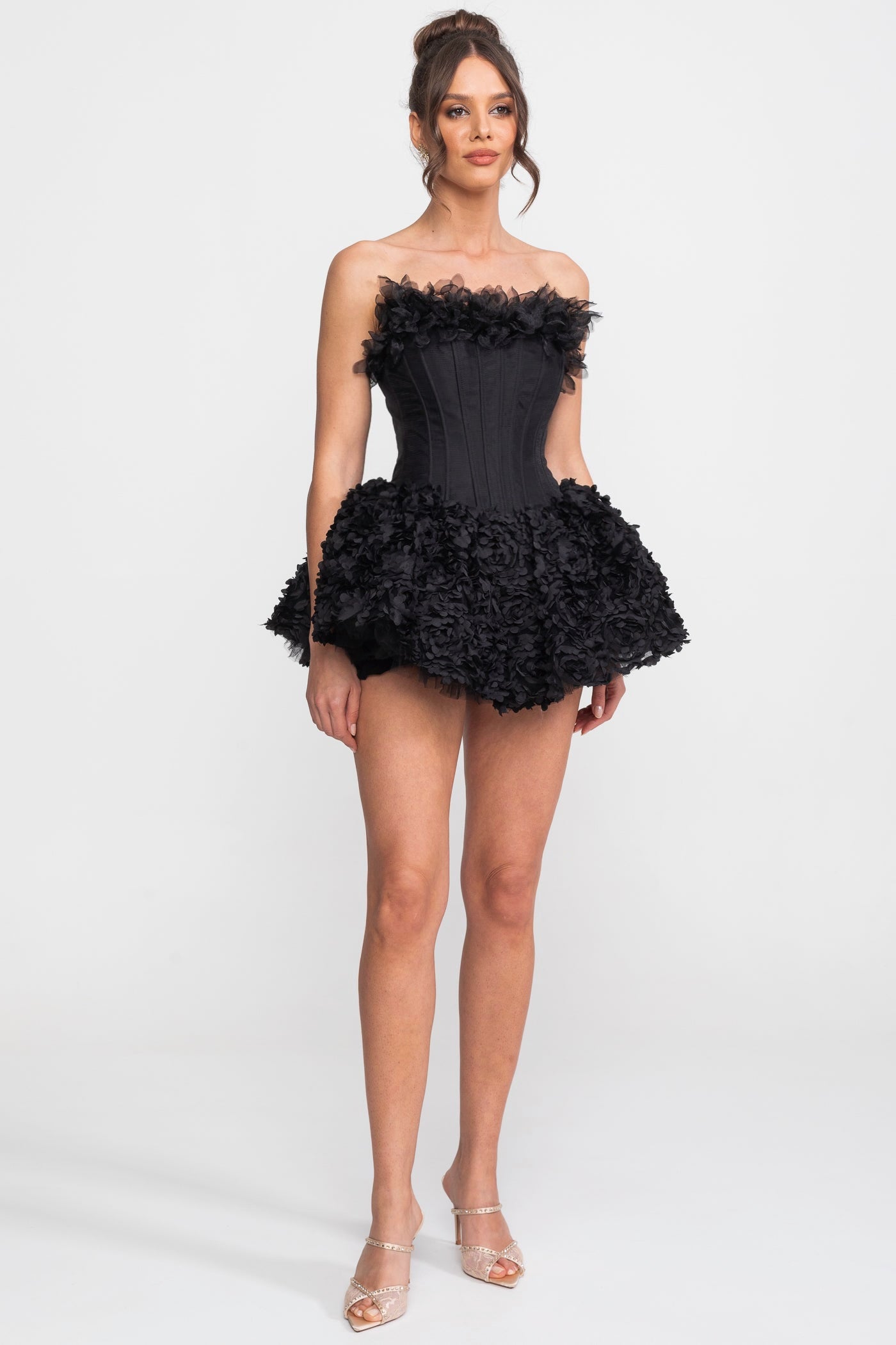 Strapless Corset Mini Dress With 3D Rose Appliqué Skirt - Black