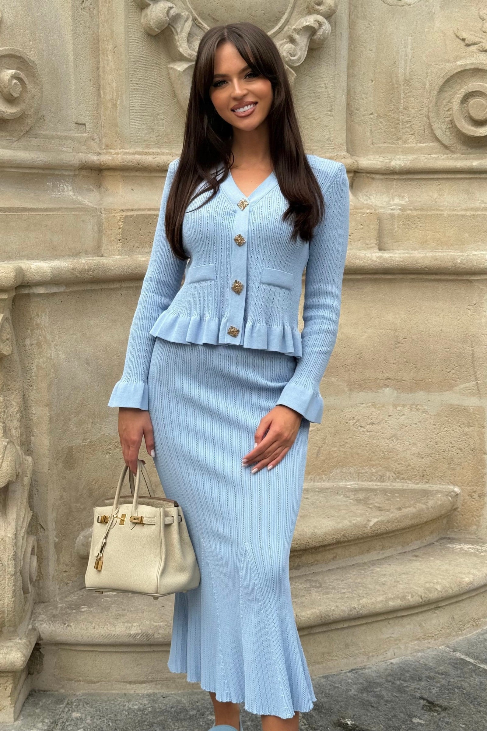 Ruffled Jacket & Flared Skirt Knit Matching Set - Baby Blue