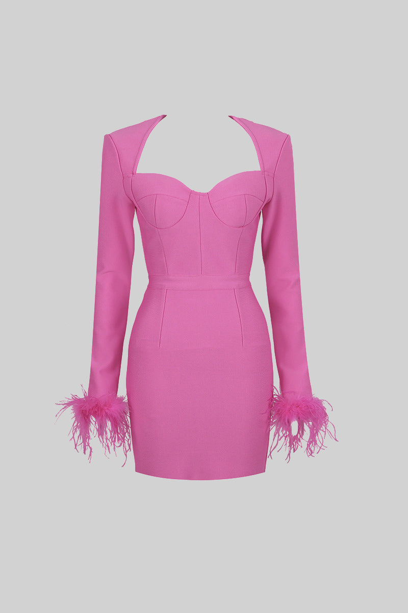 Long Sleeve Fur Mini Dress - Fuchsia