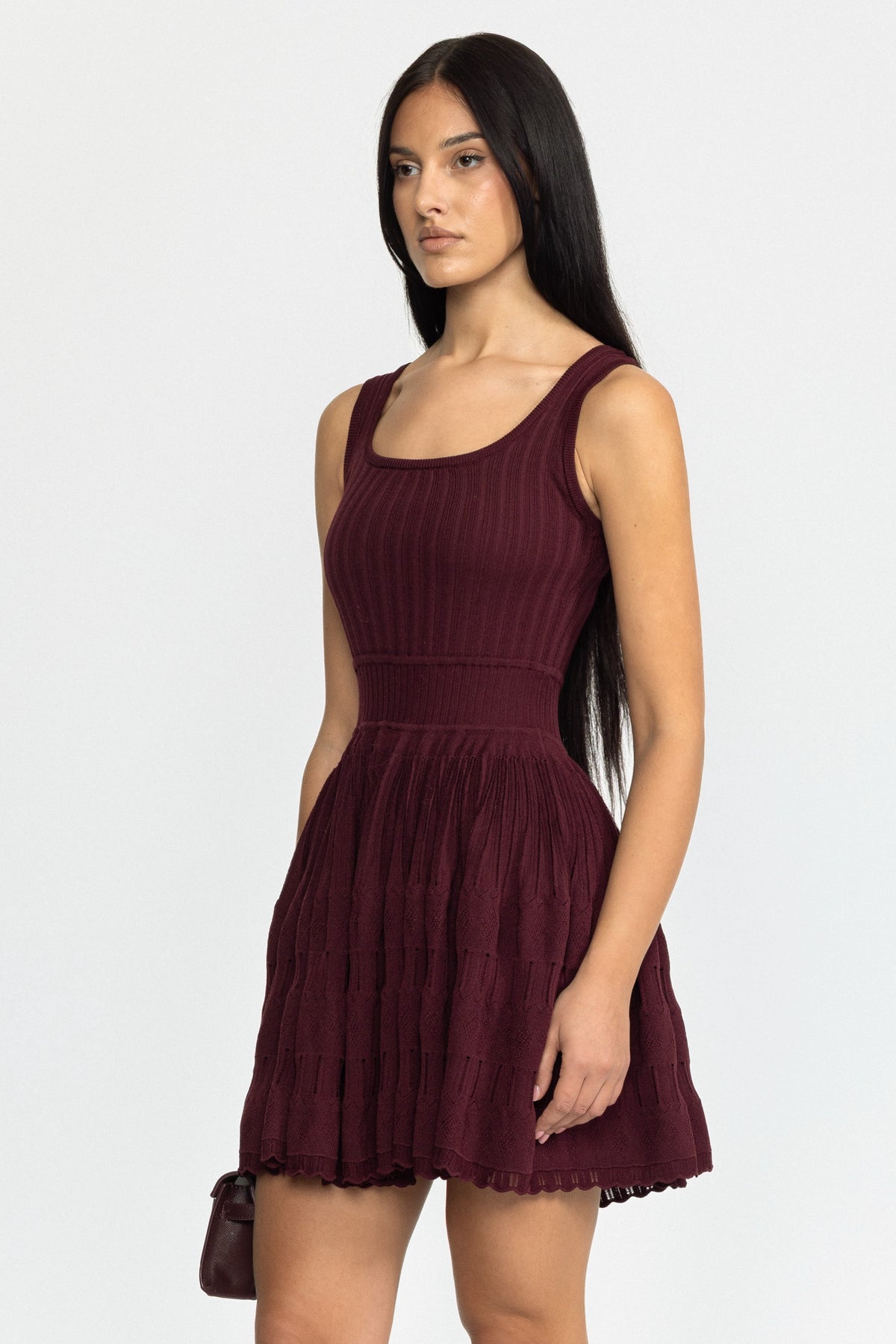 Pointelle Knit Skater Mini Dress - Wine