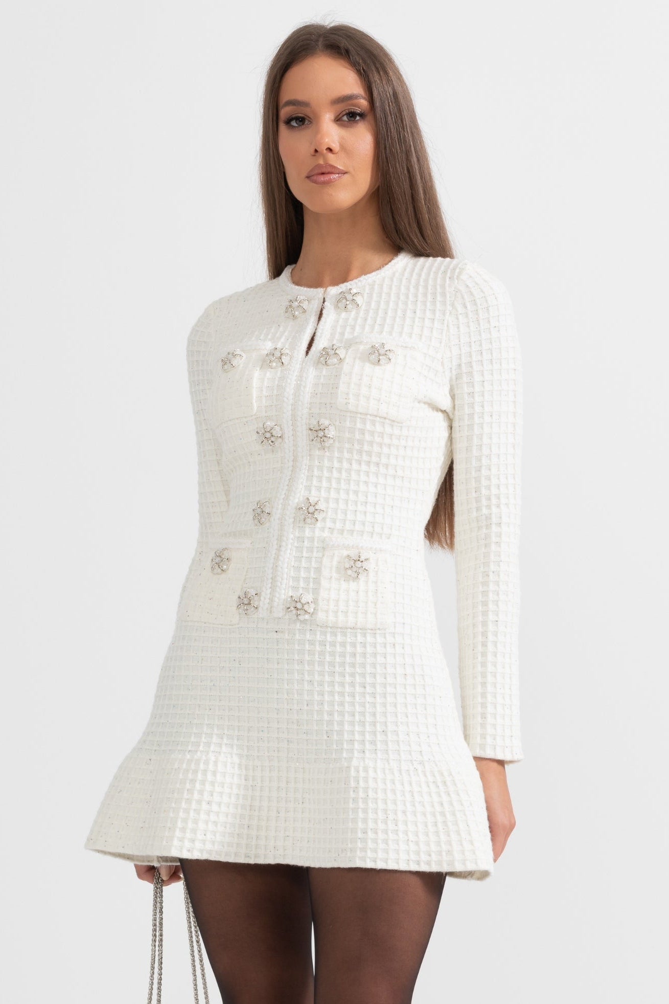 Long Sleeve Knee-Length Knitted Dress - White