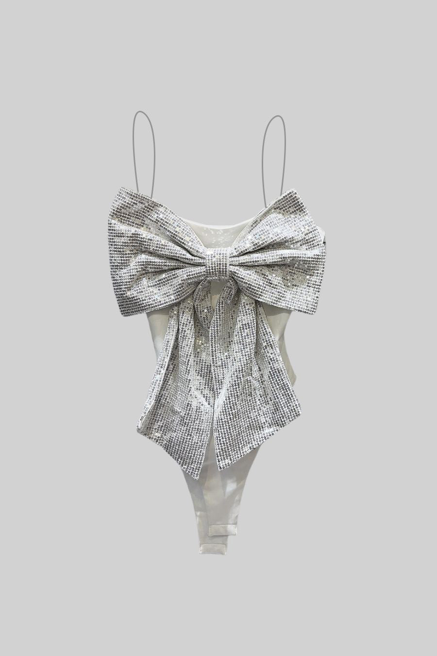 Bodysuit With Large Front Sequin Bow - White