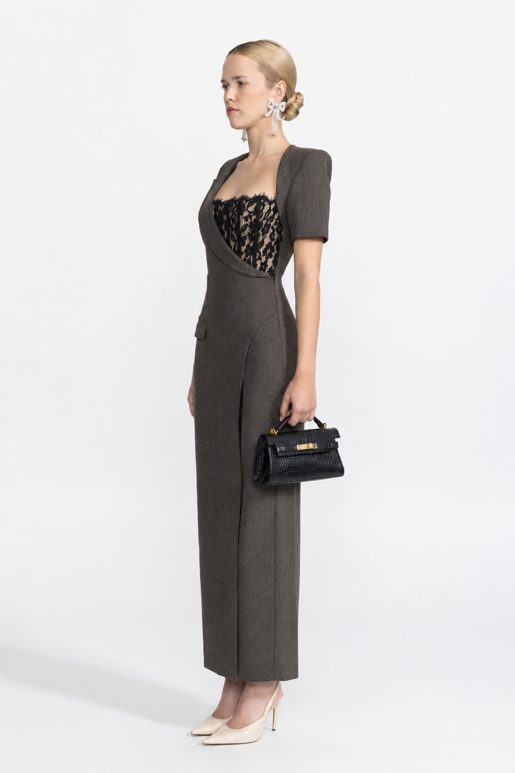 Lace Bustier Asymmetric Blazer Maxi Dress - Charcoal