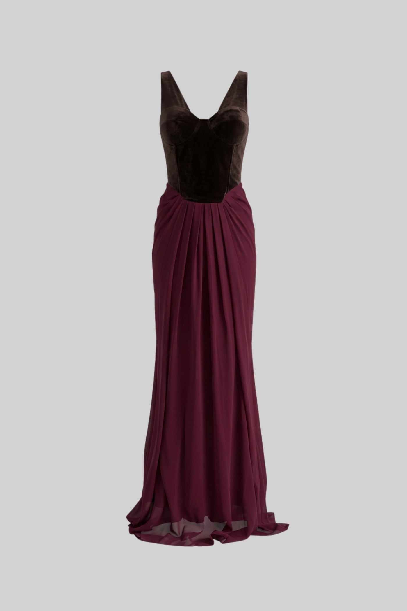 Maxi Dress With Velvet Corset Bodice And Flowing Skirt - Burgundy