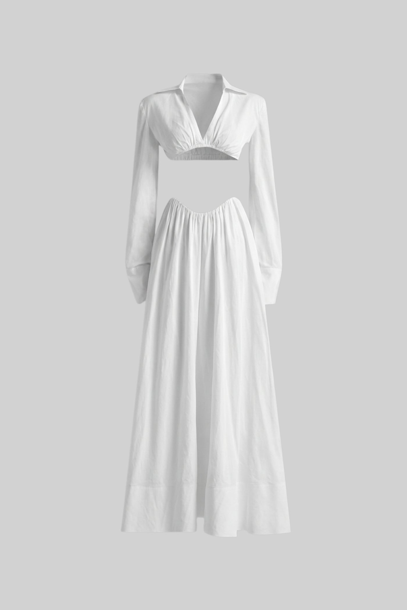 Long Sleeve Co-Ord Set With Cropped Underbust Top - White