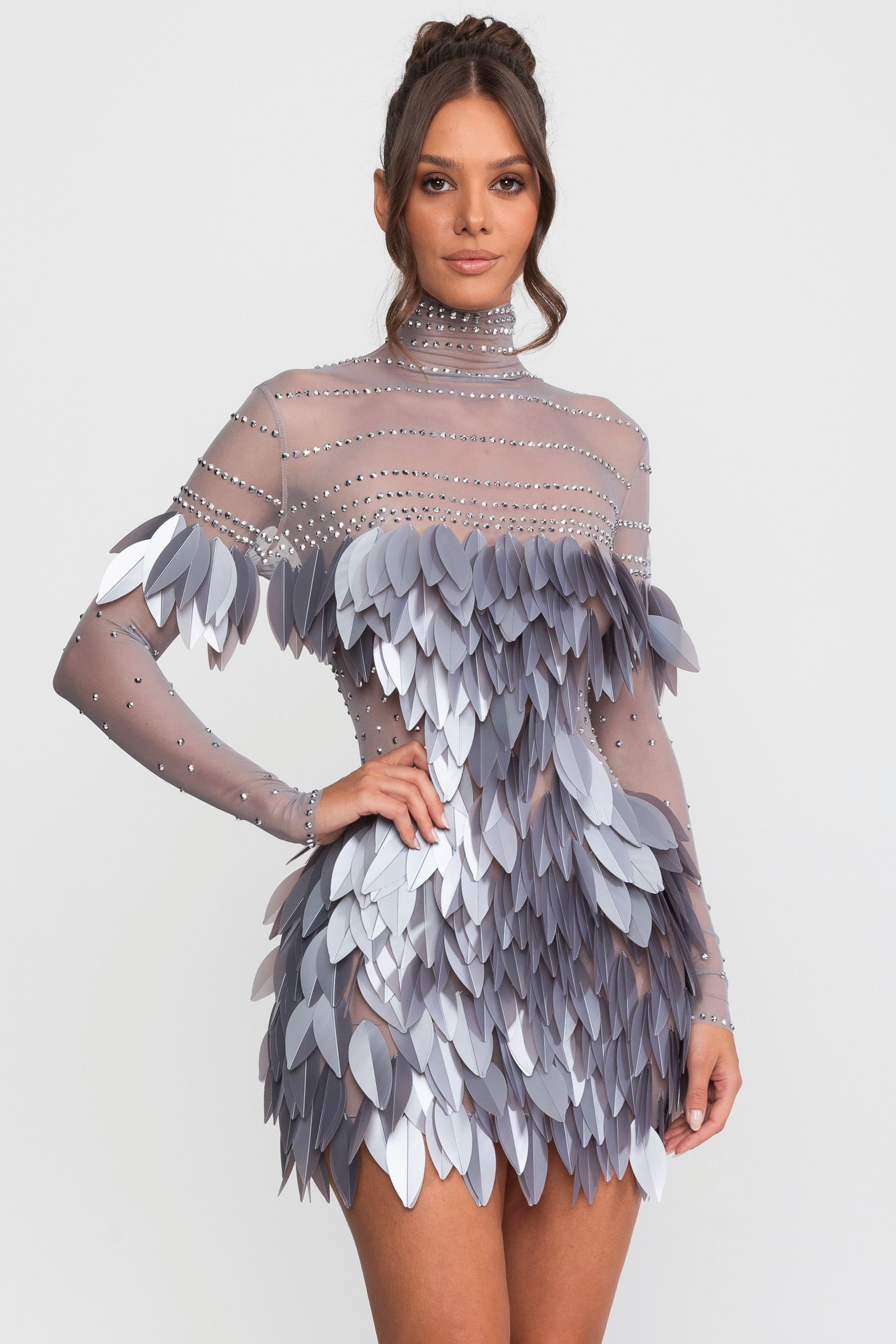 Sheer Mesh Feather-Panel Mini Dress With Crystal Neckline - Gray