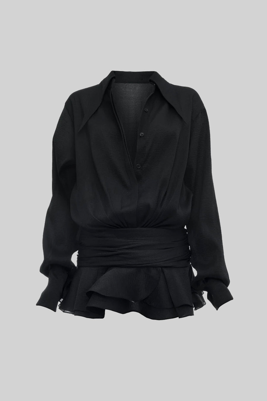 Button-Up Shirt With Cinched Waist - Black