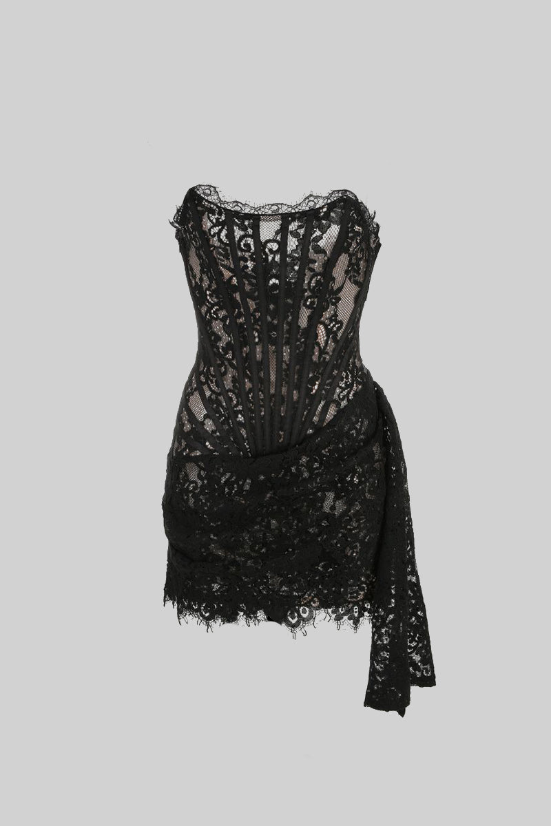 Sleeveless Rich Lace Mini Dress - Black