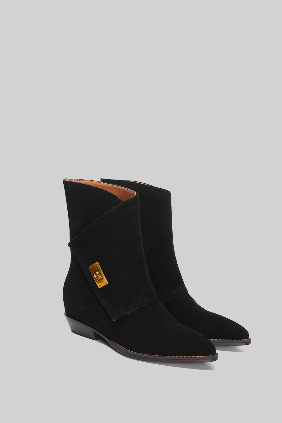 Suede Ankle Boots With Decorative Golden Buckle - Black