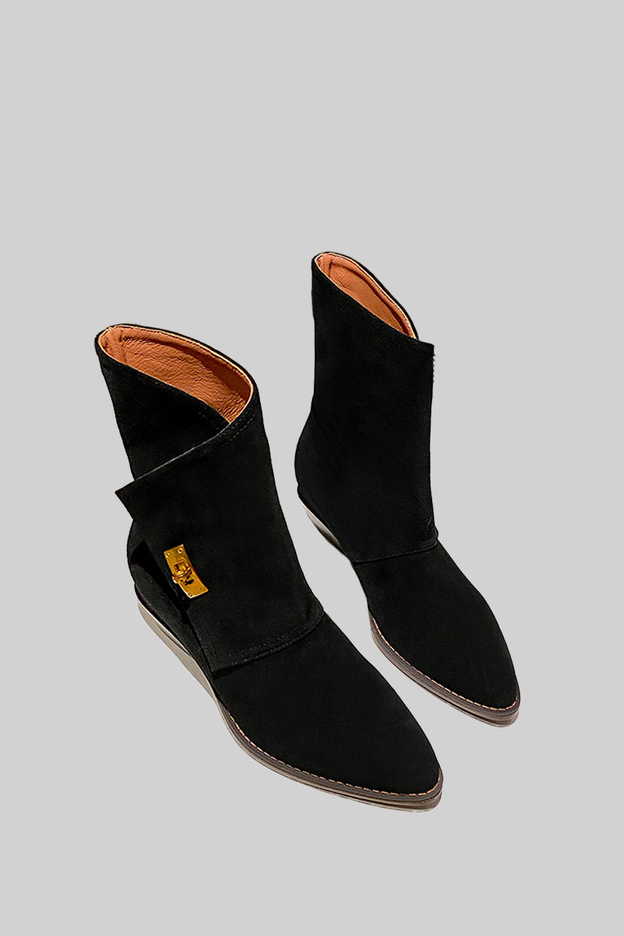 Suede Ankle Boots With Decorative Golden Buckle - Black