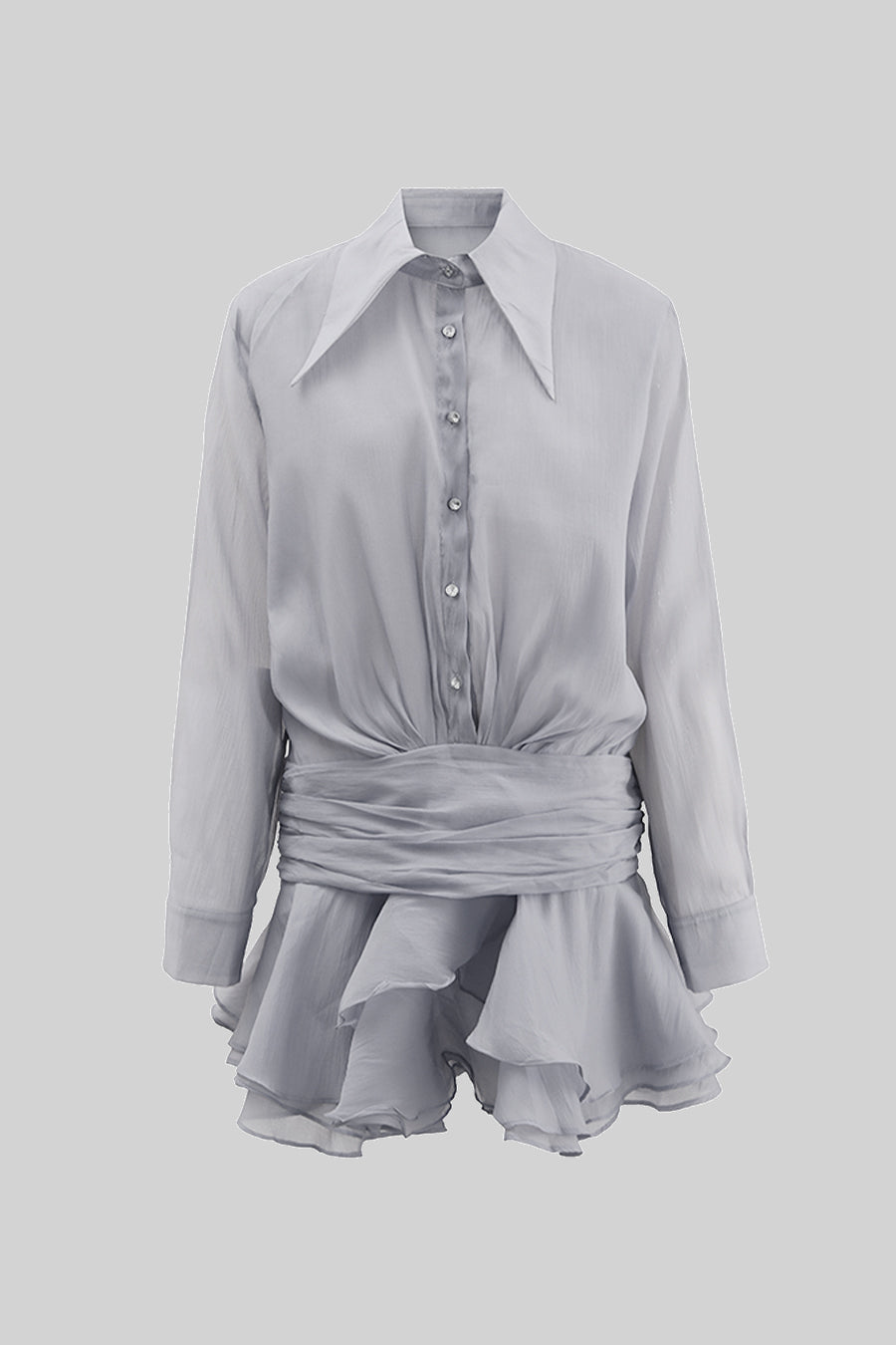 Button-Up Shirt With Cinched Waist - Gray