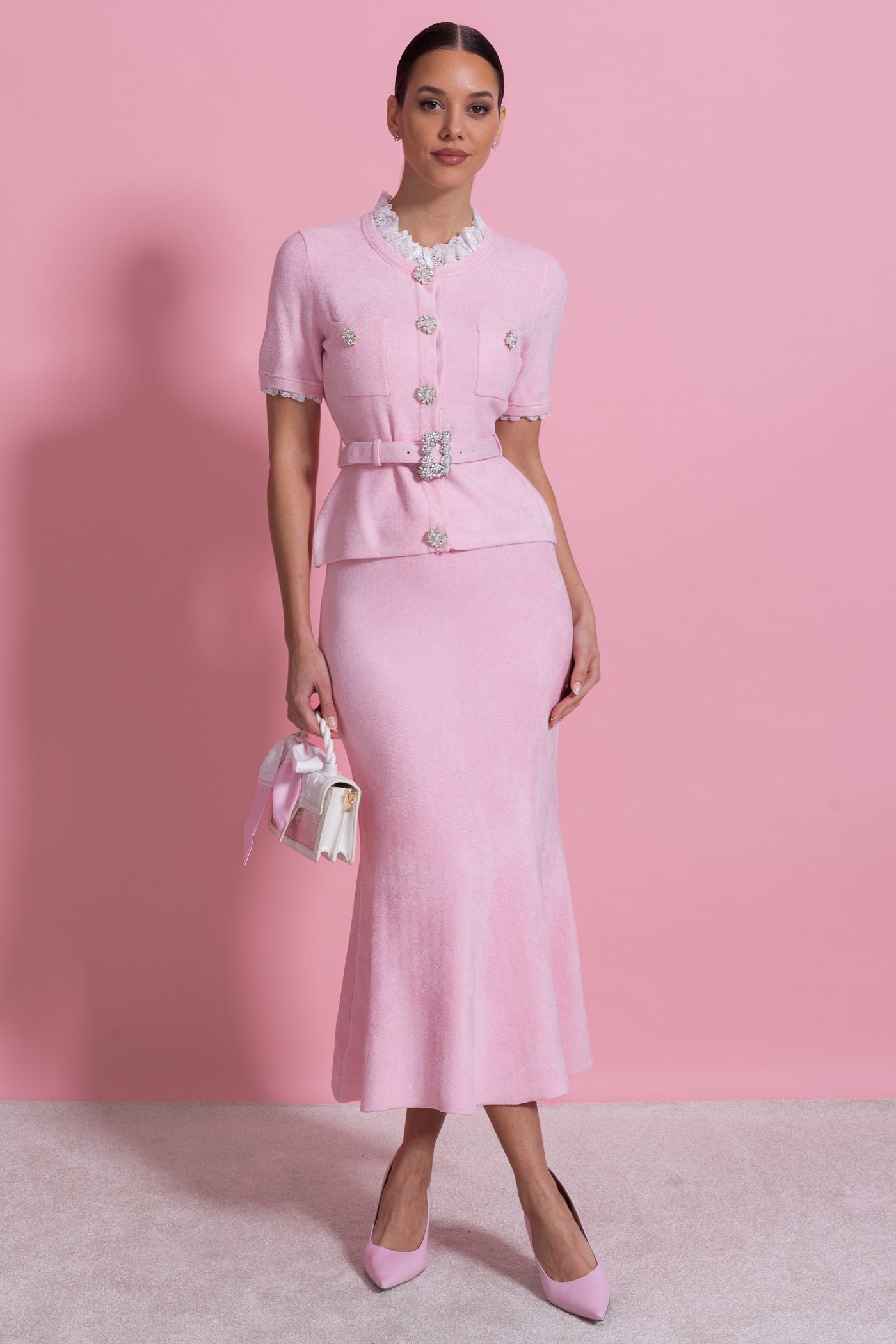 Short Sleeve Co-Ord With Peplum Waist And Crystal Button Belt - Blush Pink