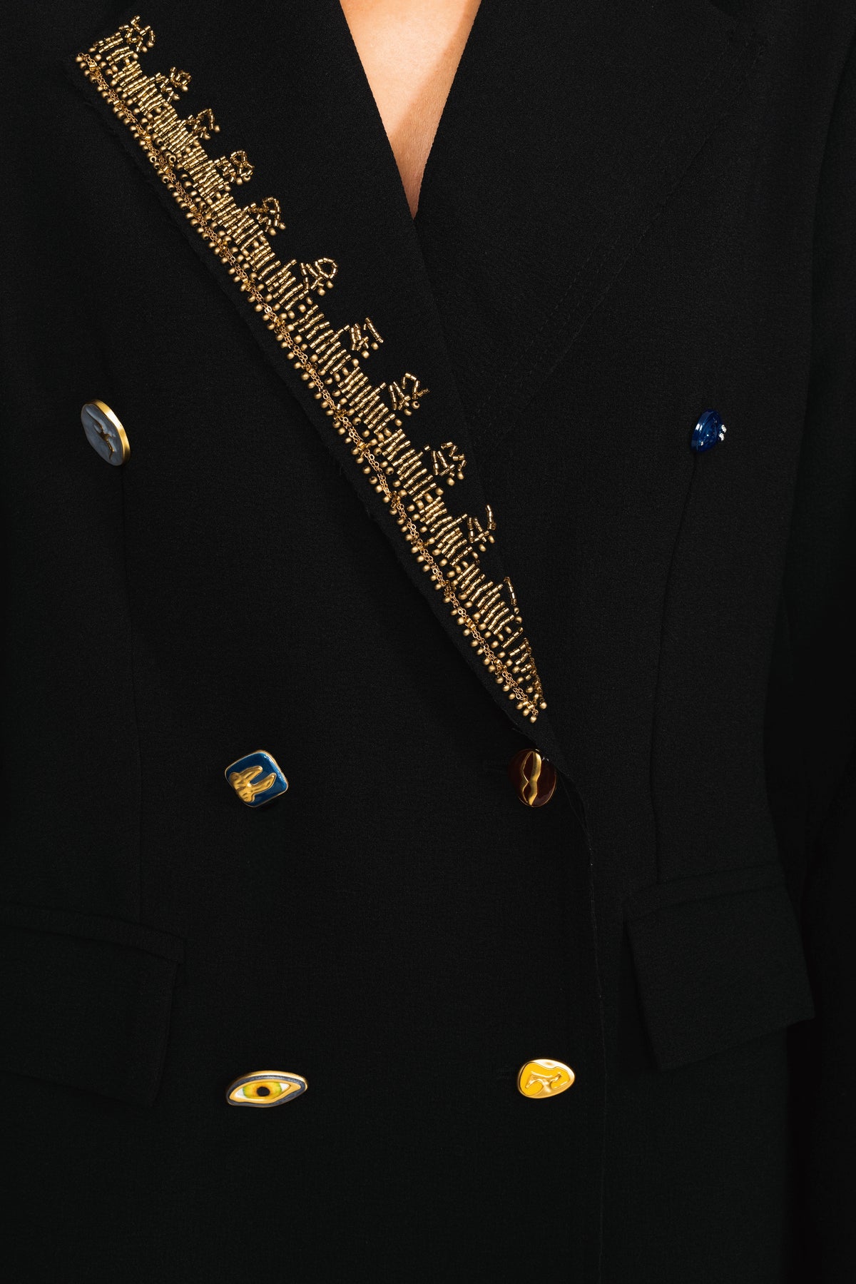 Embellished Lapel Double-Breasted Longline Coat - Black