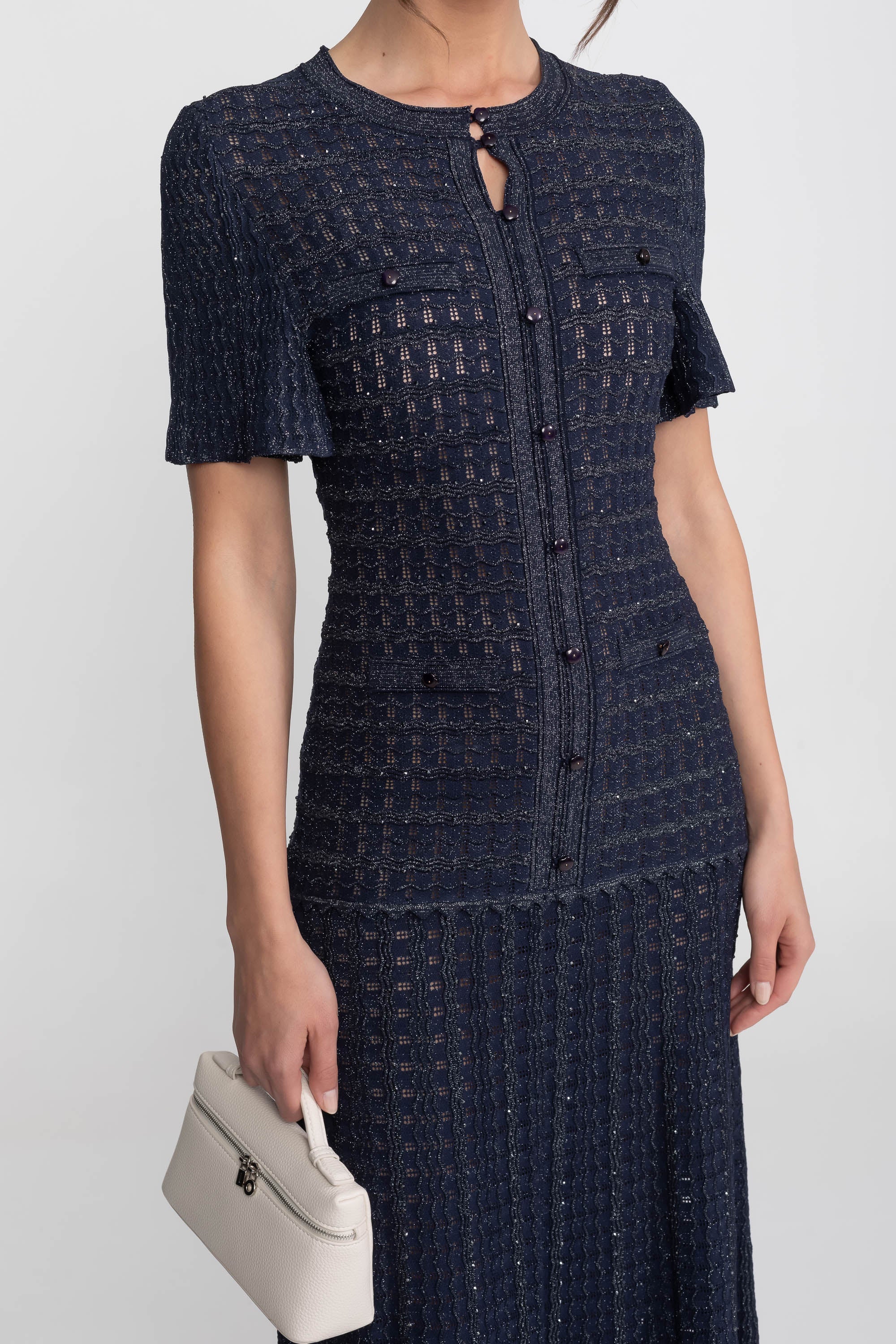 Short Sleeve Midi Dress With Shimmer Knit Texture - Navy
