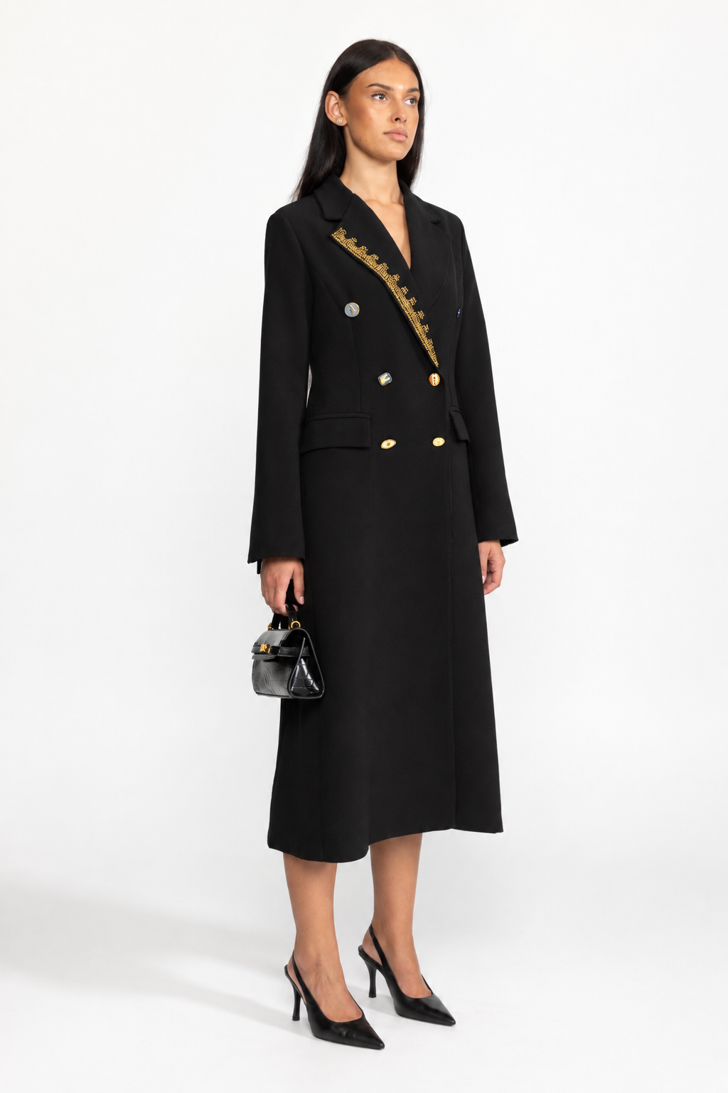 Embellished Lapel Double-Breasted Longline Coat - Black