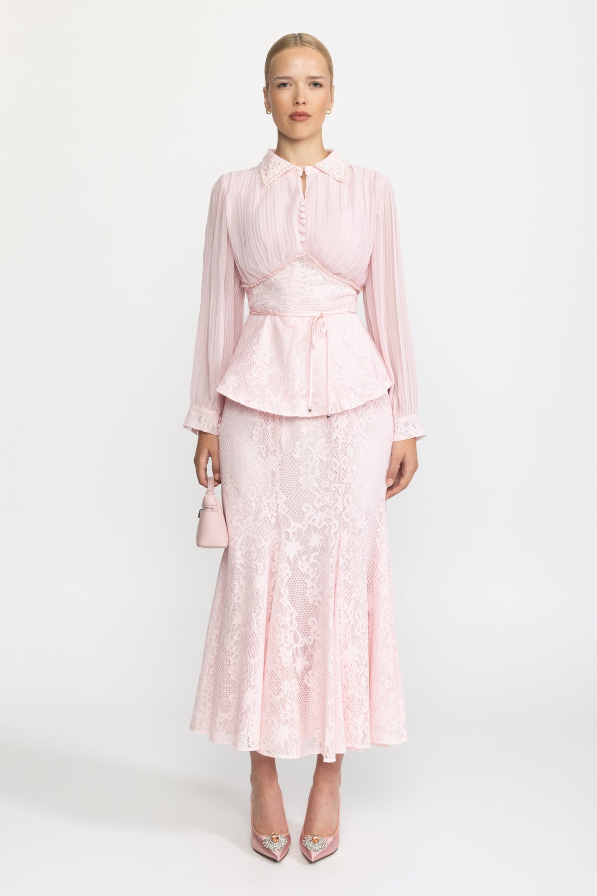 Pleated Chiffon Lace Peplum Blouse and Maxi Skirt Set - Pink