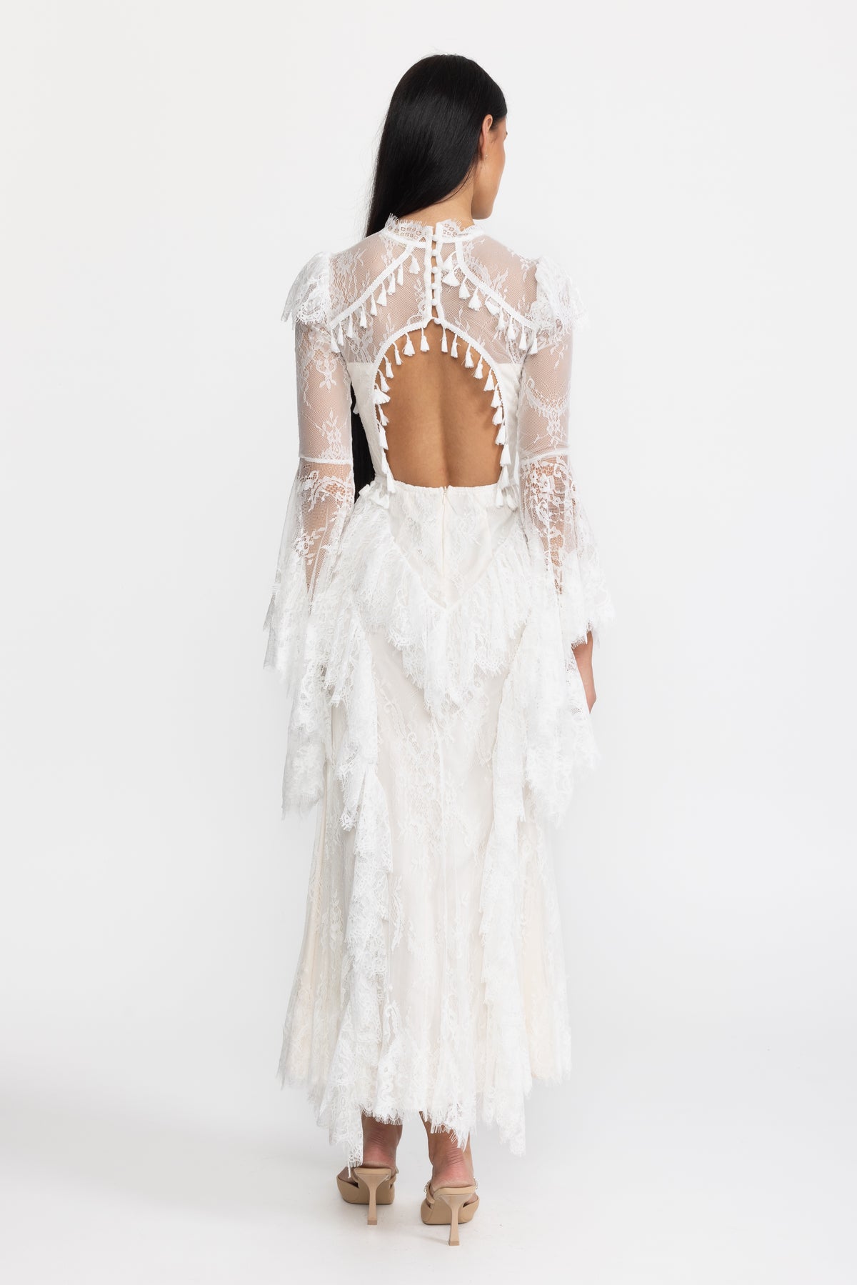 Tassel Trim Lace Corset Bell Sleeve Maxi Dress - White
