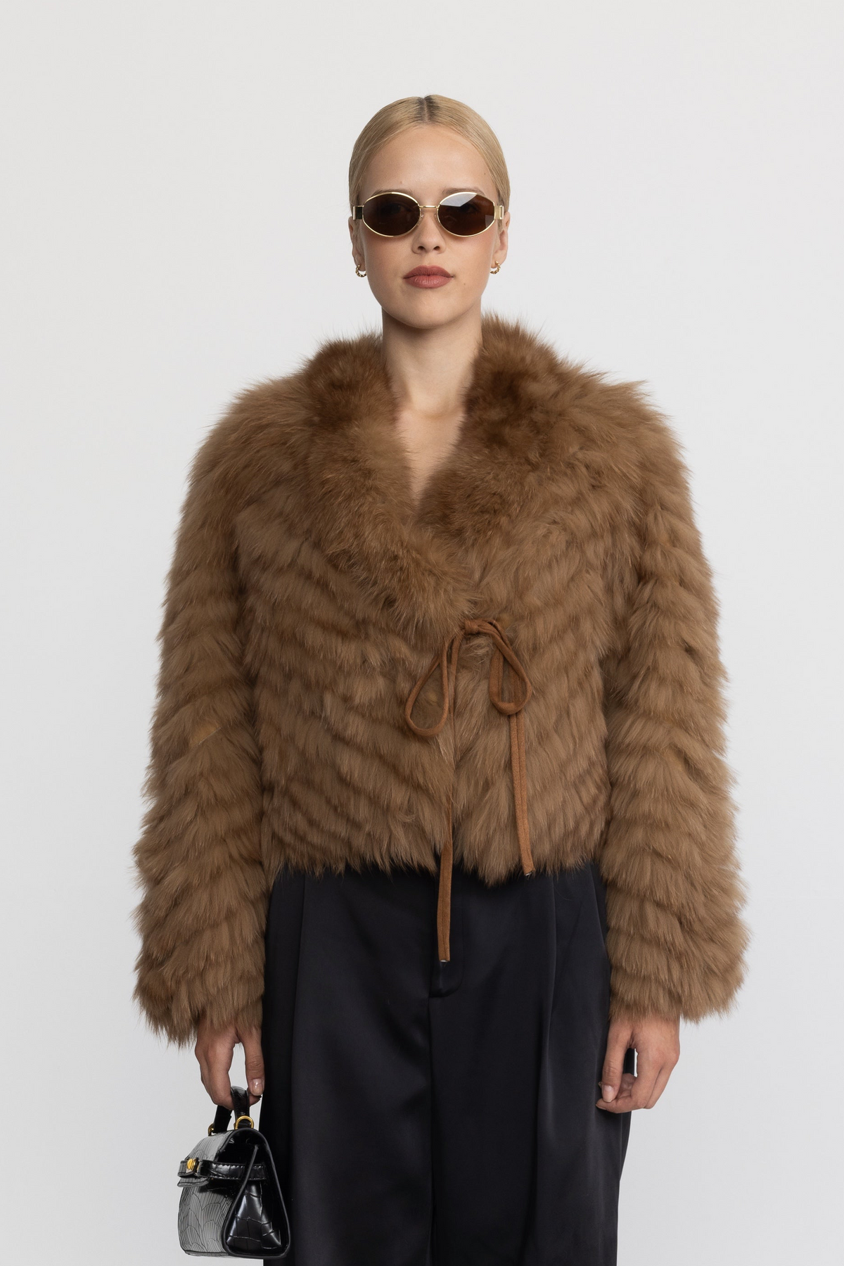 Chevron Fox Fur Cropped Tie Jacket - Camel
