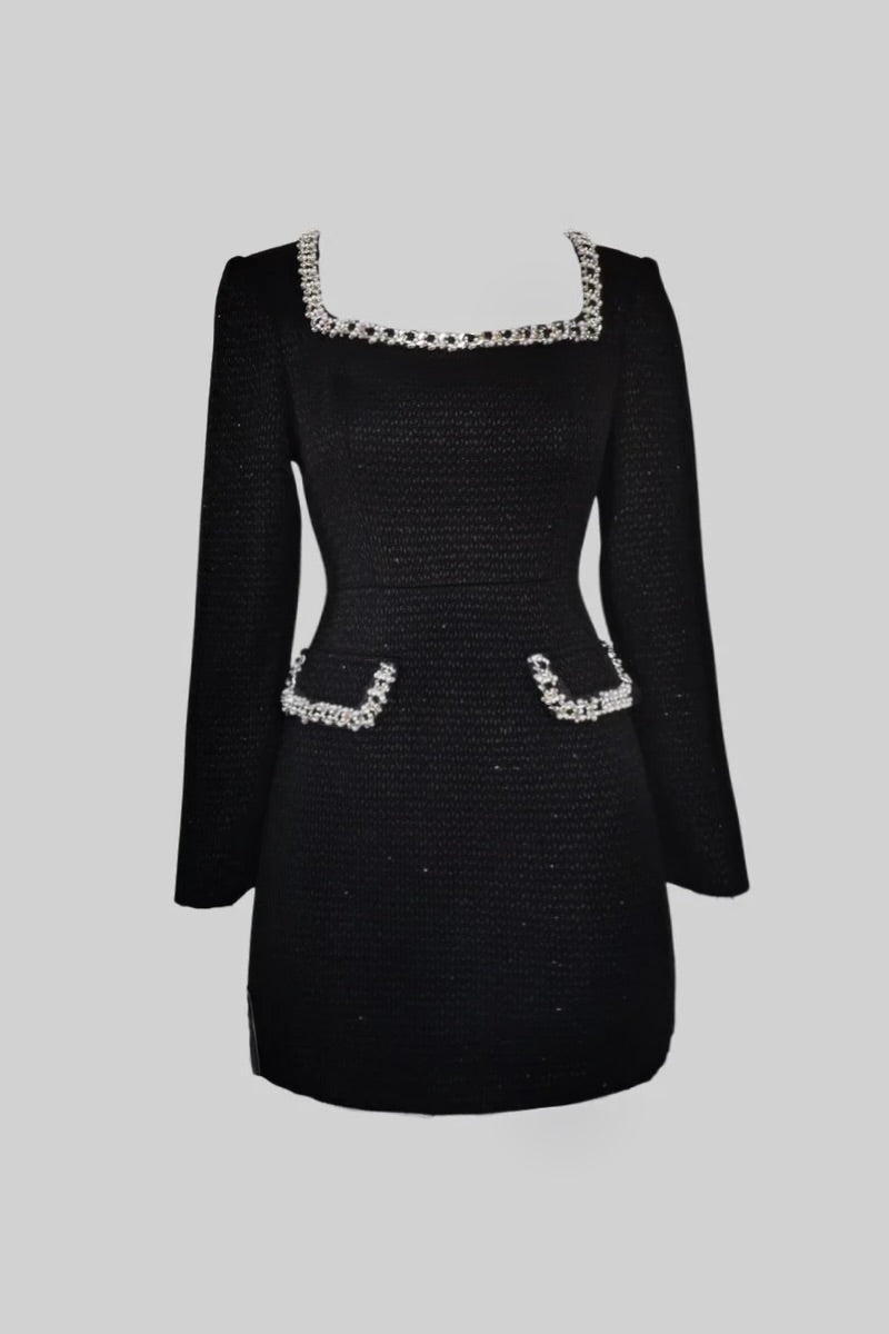 Mini Knit Dress With Square Neckline And Silver Detailing - Black