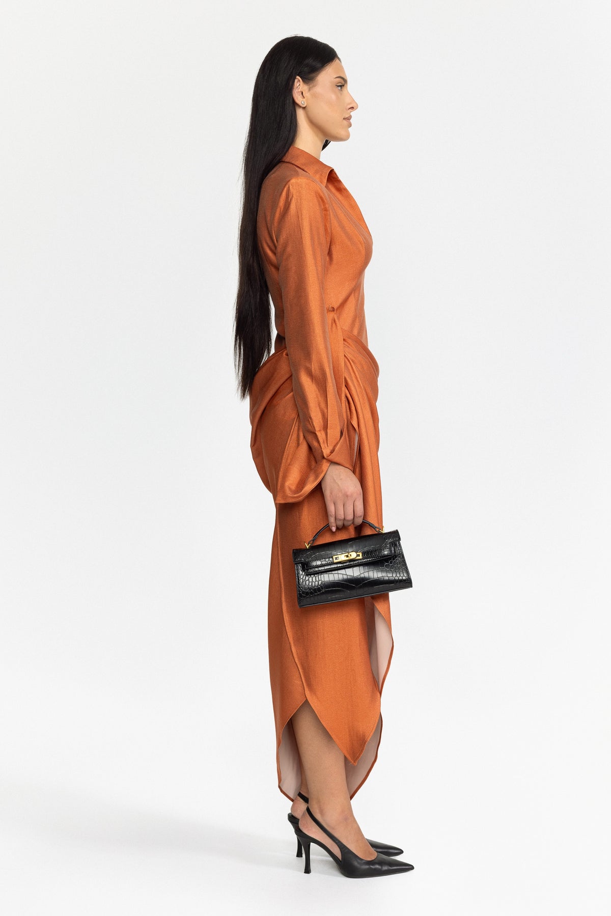 Plunge Collar Draped Wrap Maxi Dress - Burnt Orange