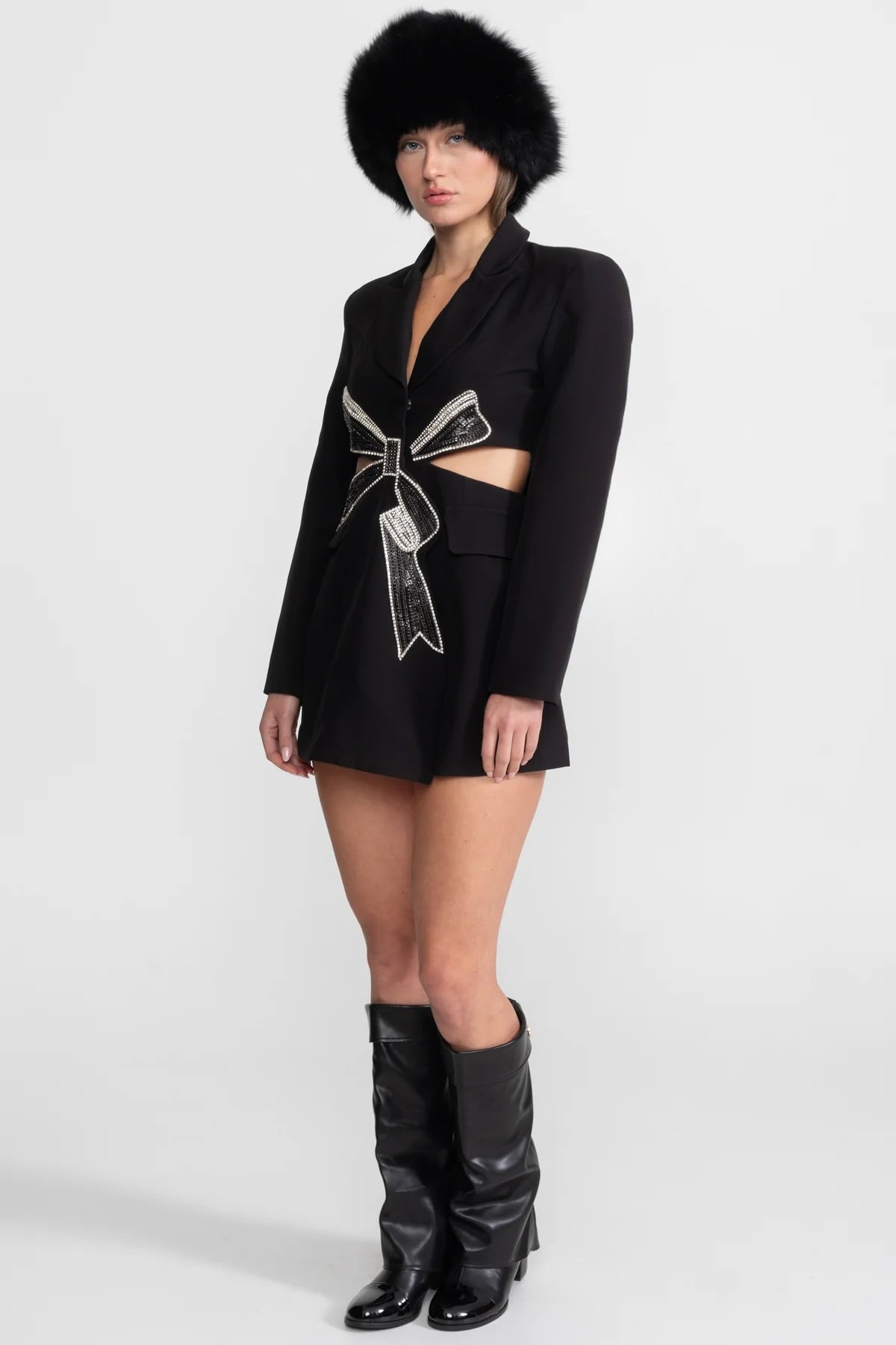 Crystal Bow Cut-Out Blazer Dress - Black